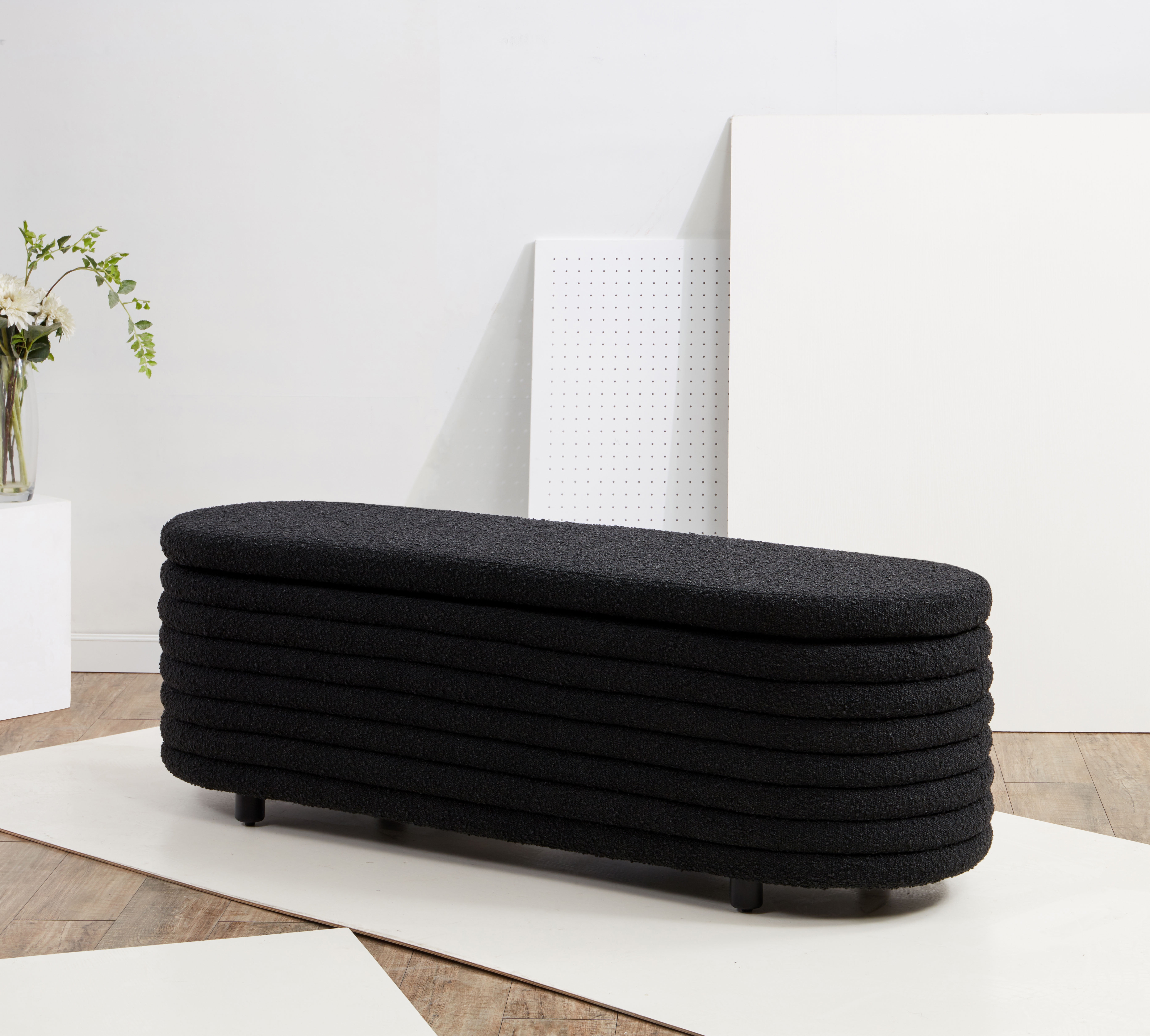 Jaymie Black Boucle Upholstered Storage Bench