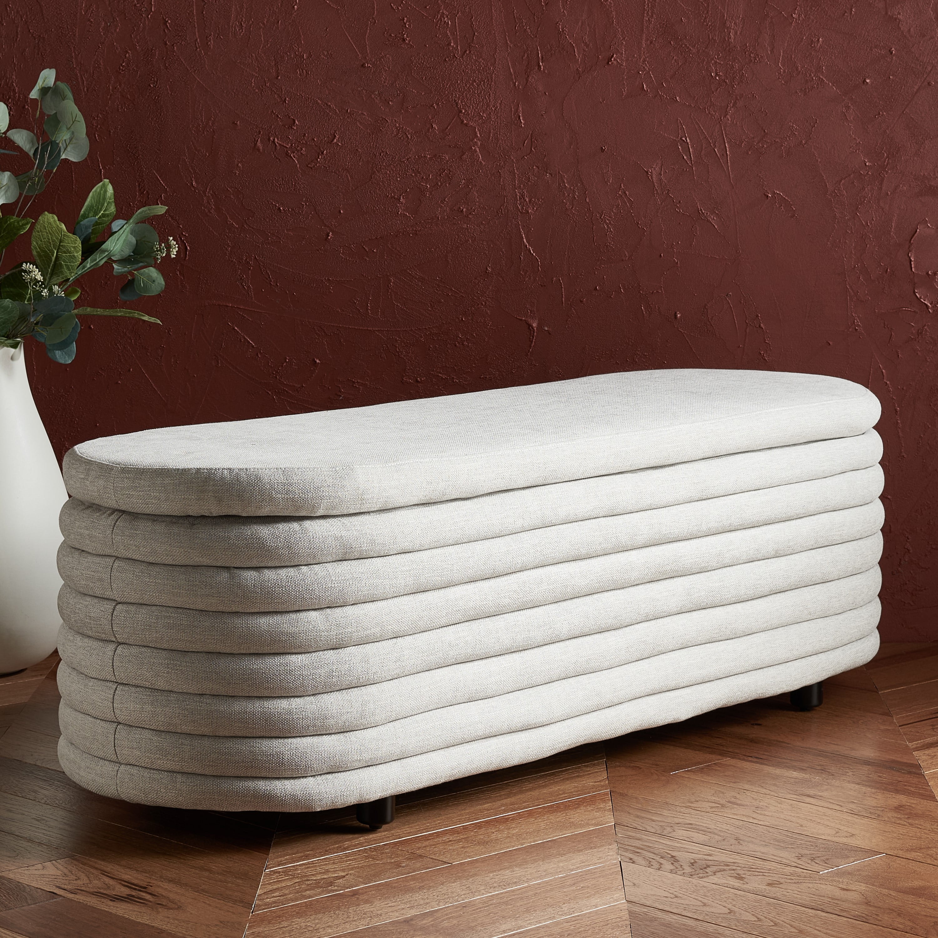 Jaymie Taupe Linen Modern Storage Bench with Birchwood Legs