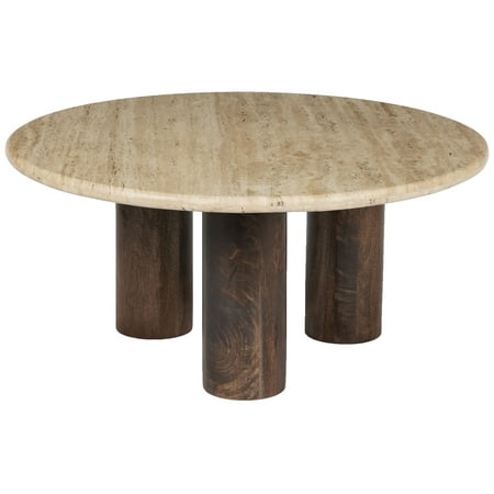 SAFAVIEH Couture Jennamira Contemporary Round Travertine Coffee Table, Dark Brown/Travertine