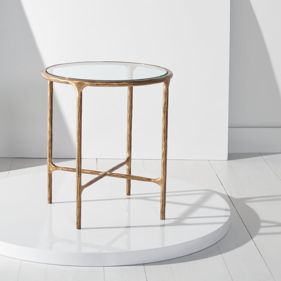 SAFAVIEH Couture Jessa Glam Glass Top Metal Round End Table, Brass