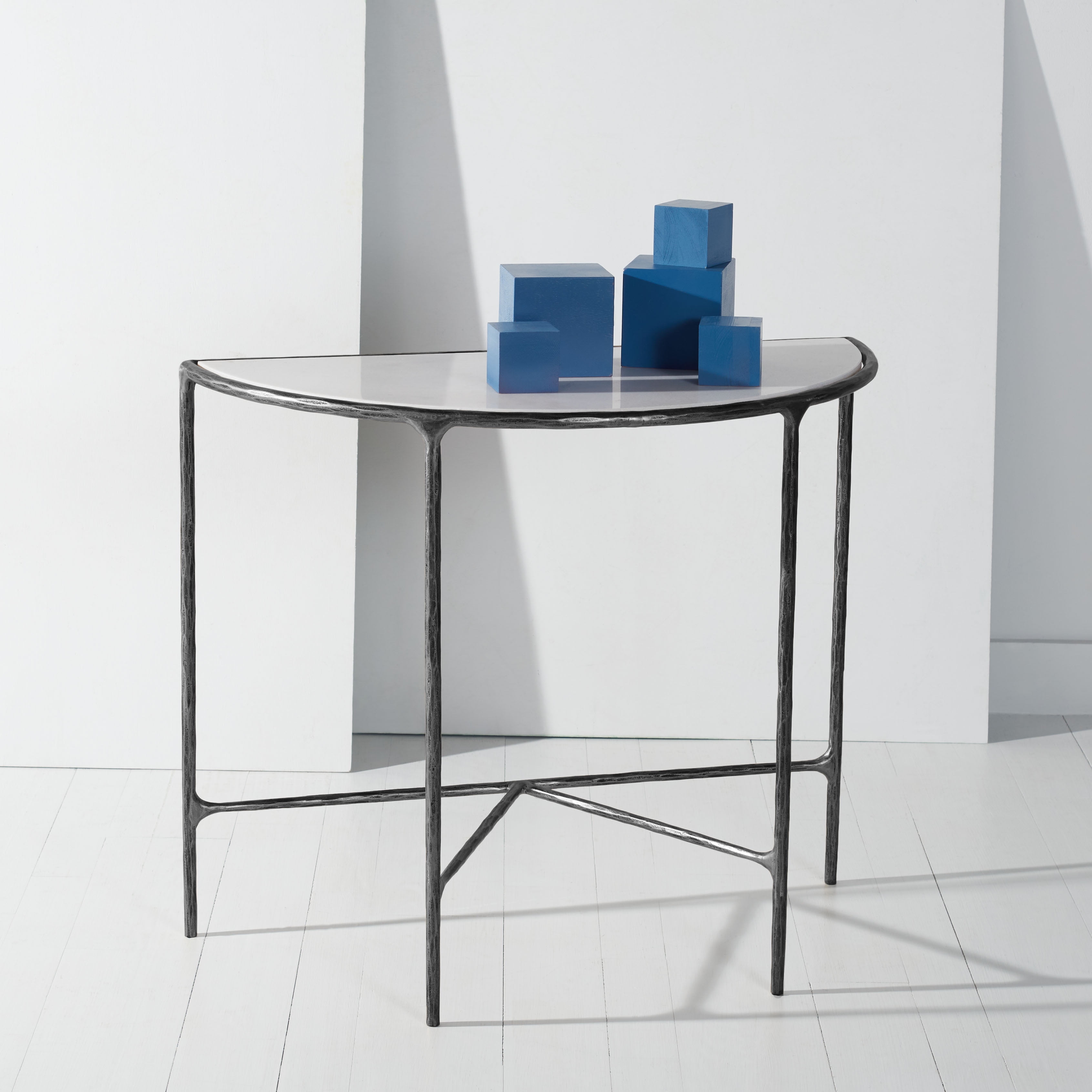 Jessa Demilune 36'' Black Metal and White Marble Console Table
