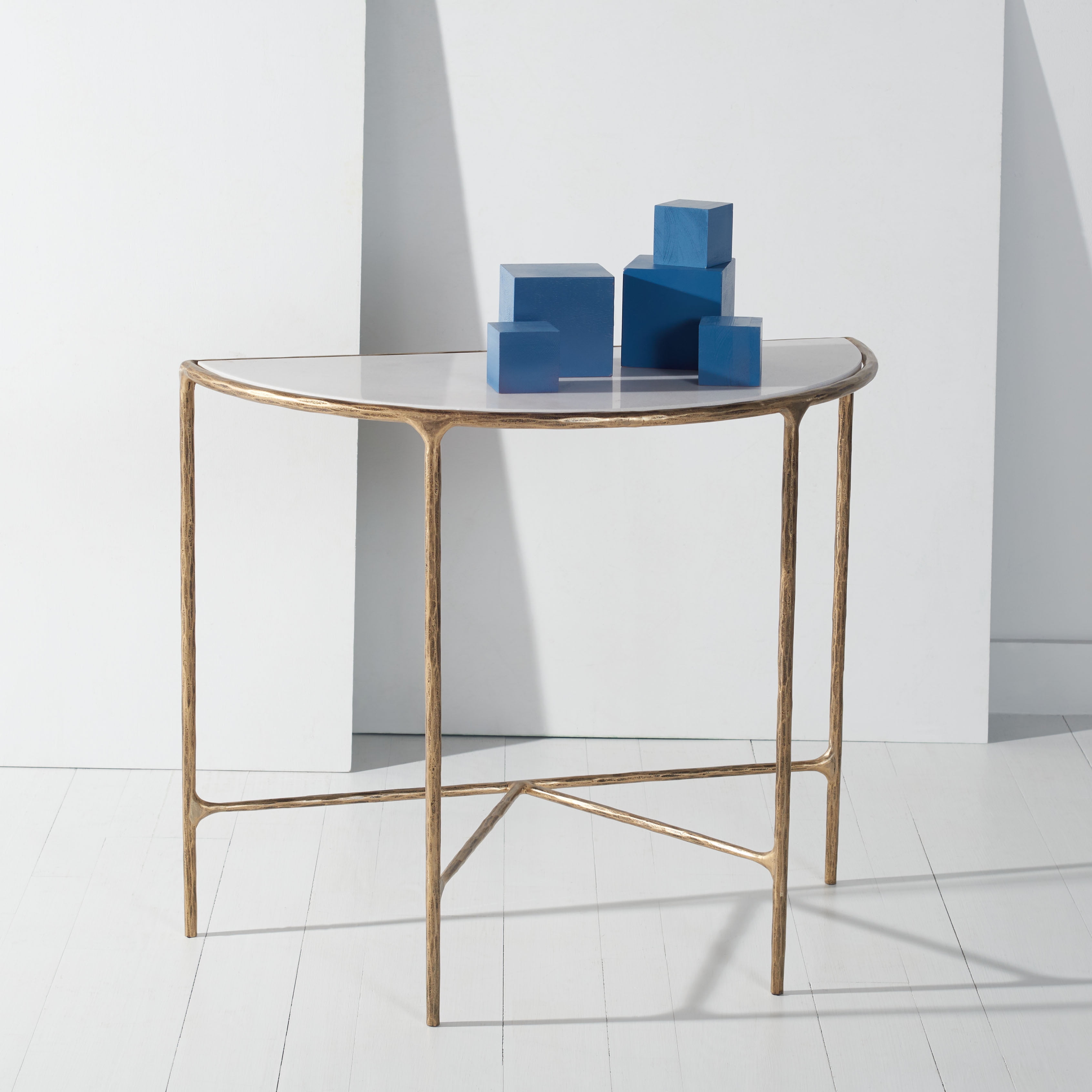 Aristocratic Airy Glamour 36'' Demilune Brass & White Marble Console Table