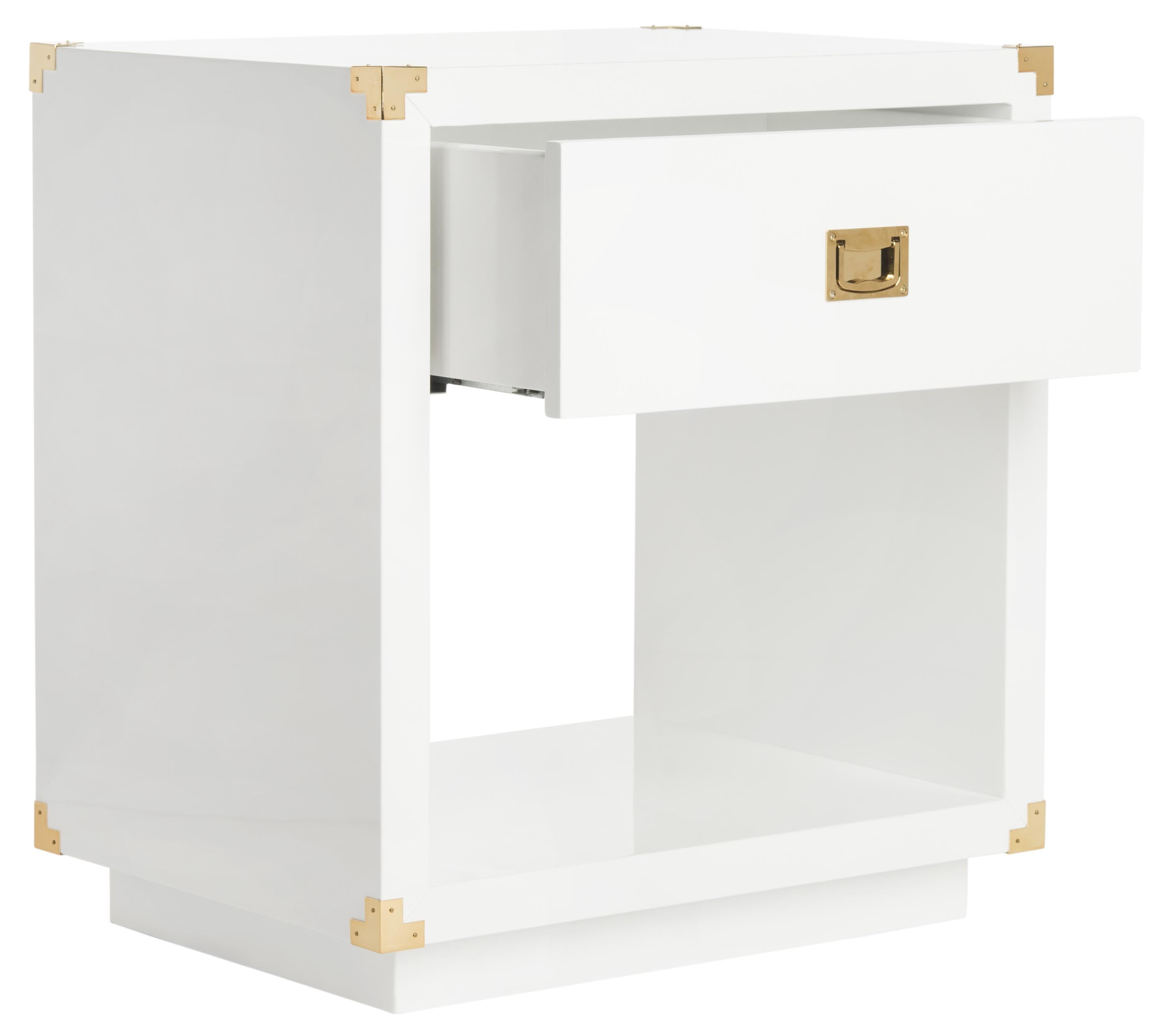 White Lacquer Rectangular Side Table with Brass Accents and Storage