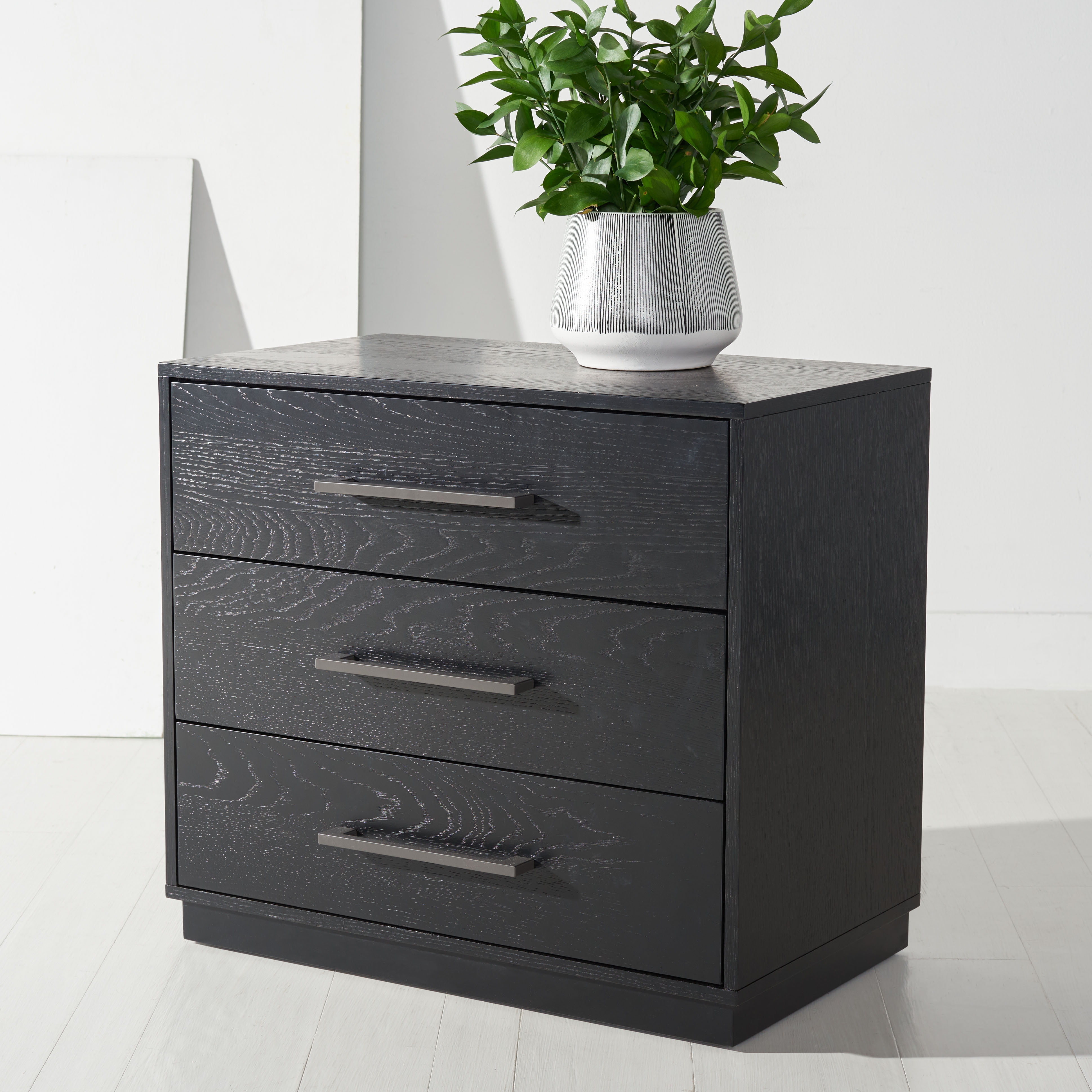 Mallory Contemporary Black Nightstand with Bronze Pulls, 3 Drawers
