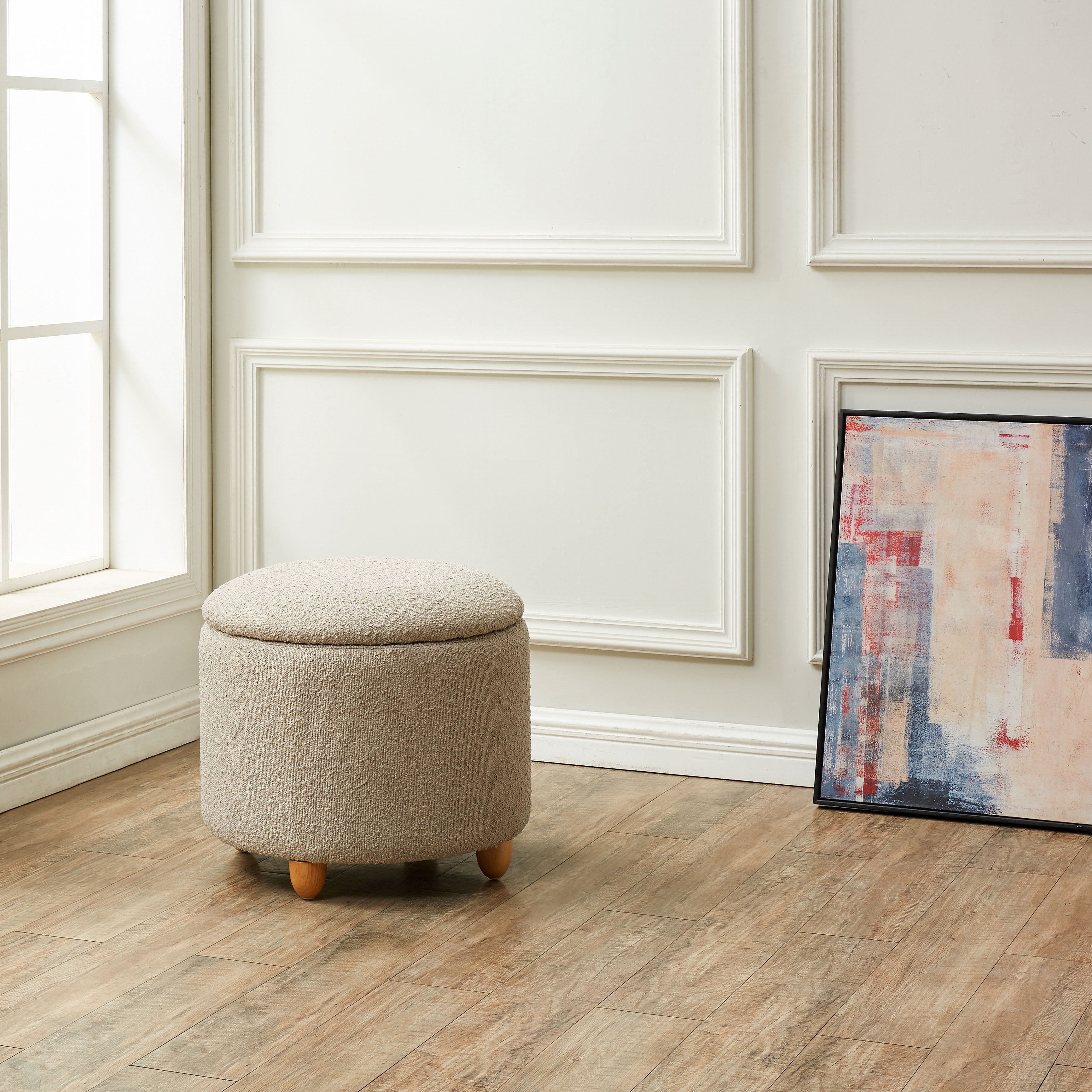 Oatmeal Boucle Round Storage Ottoman with Oak Legs