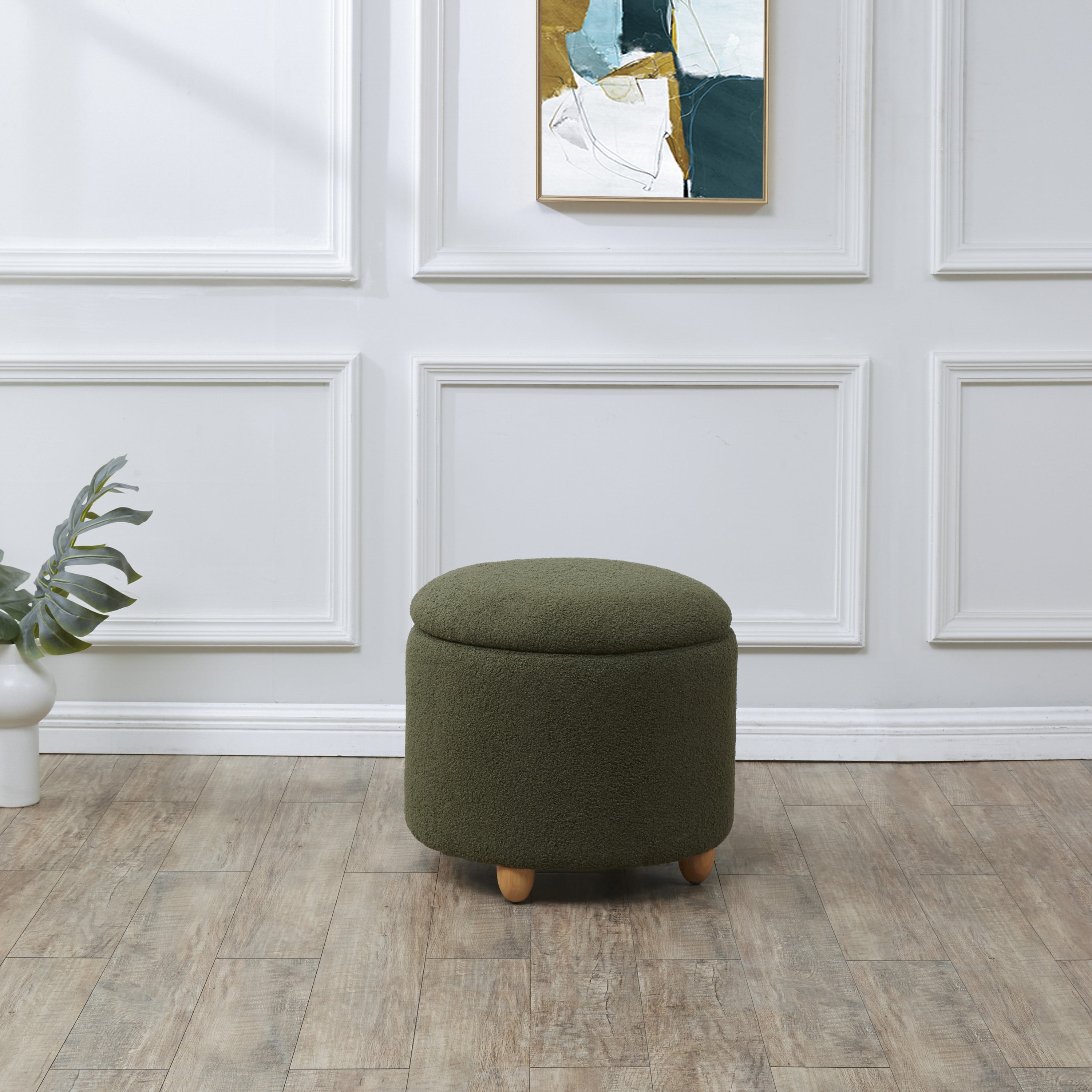 Olive Green Faux Shearling Round Storage Ottoman with Oak Legs