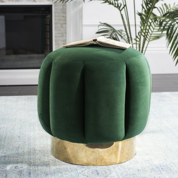 SAFAVIEH Couture Maxine Channel Modern Glam Tufted Ottoman, Emerald/Brass