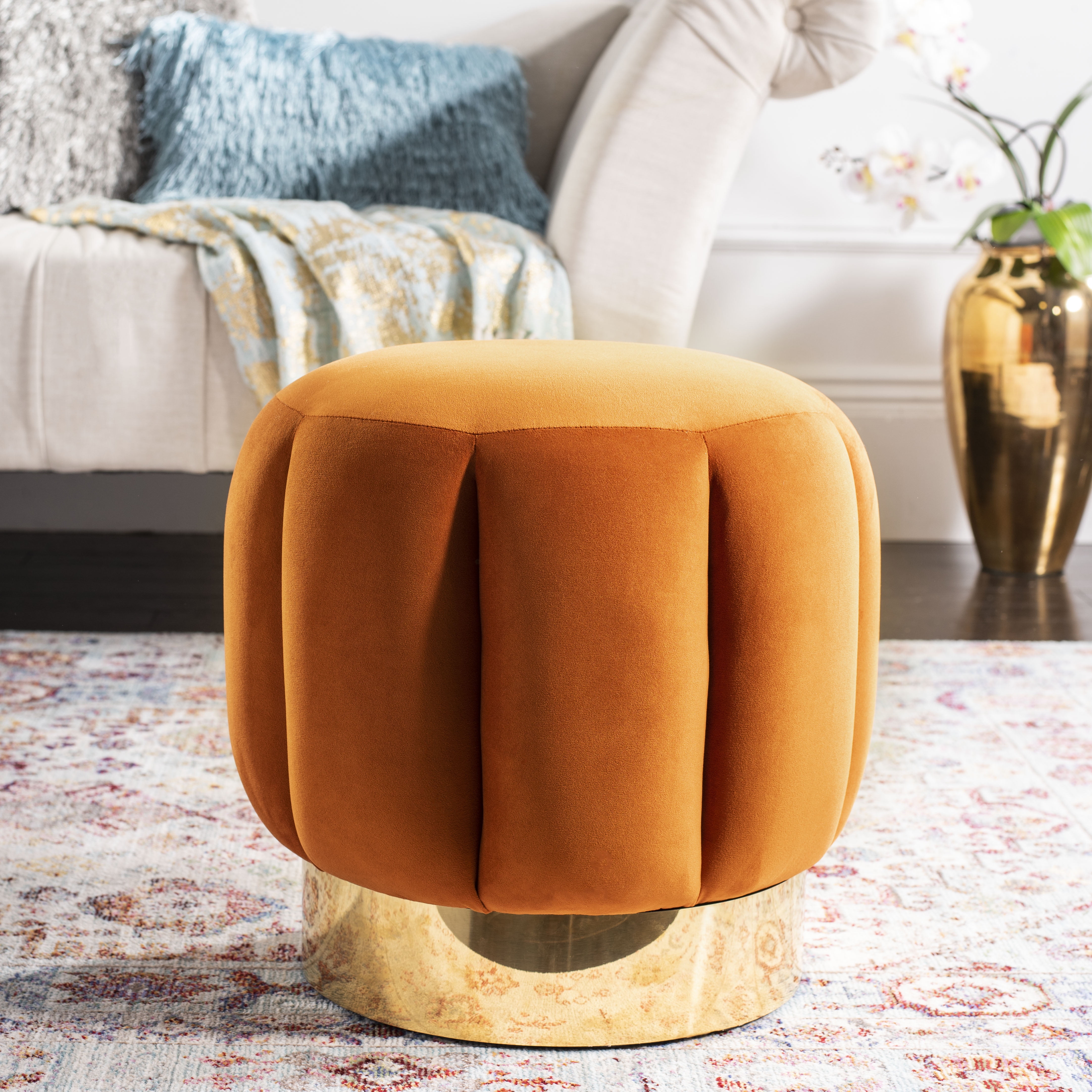 Maxine 19'' Orange Velvet Round Tufted Ottoman with Gold Base