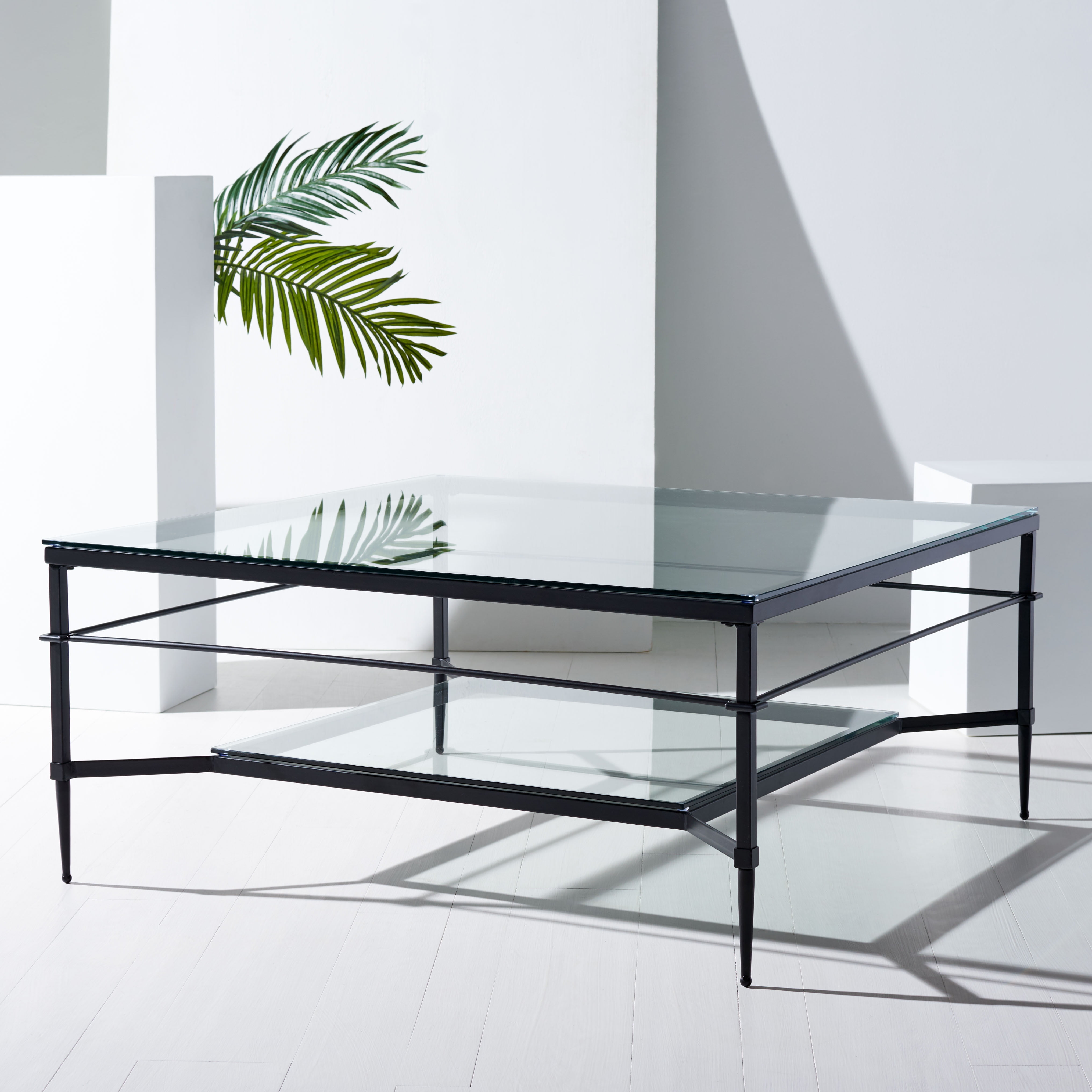 Mieka Black Iron and Glass Square Coffee Table with Storage