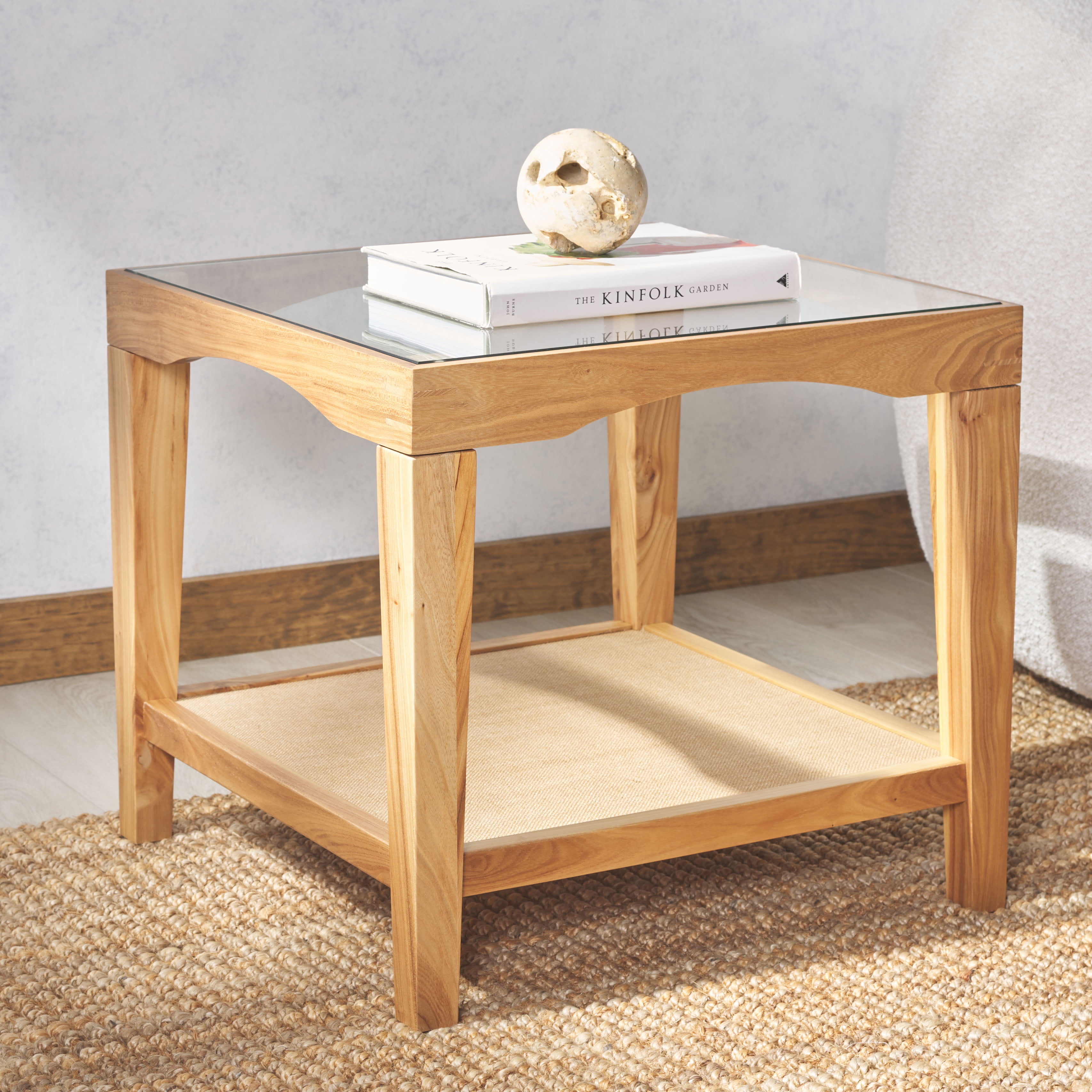 SAFAVIEH Couture Nicolella Glass Top Wood Square End Table, Natural