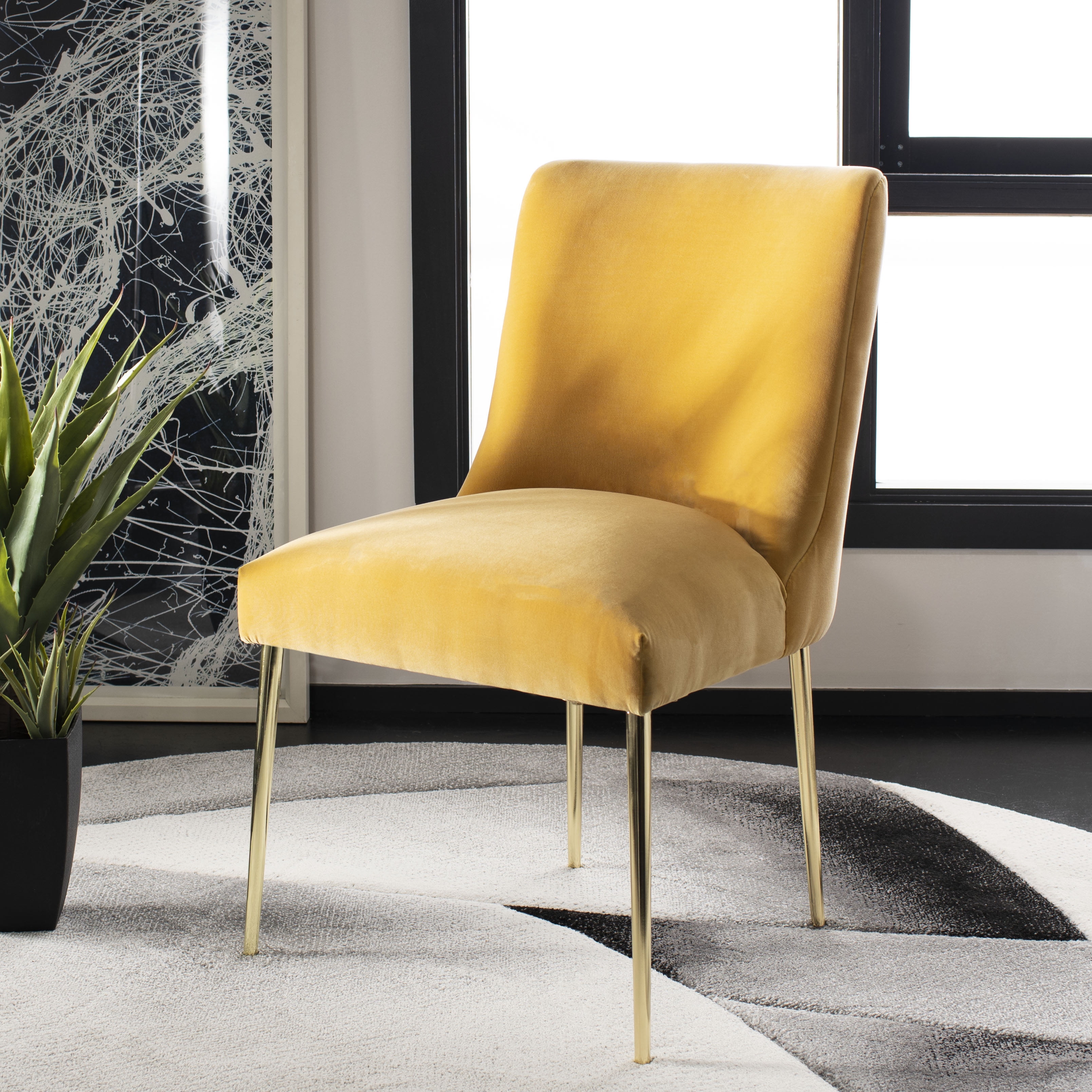 Transitional Mustard Velvet Parsons Dining Chair with Gold Legs