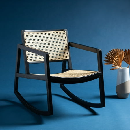 SAFAVIEH Couture Perth Coastal Solid Rattan Rocking Chair, Black/Natural