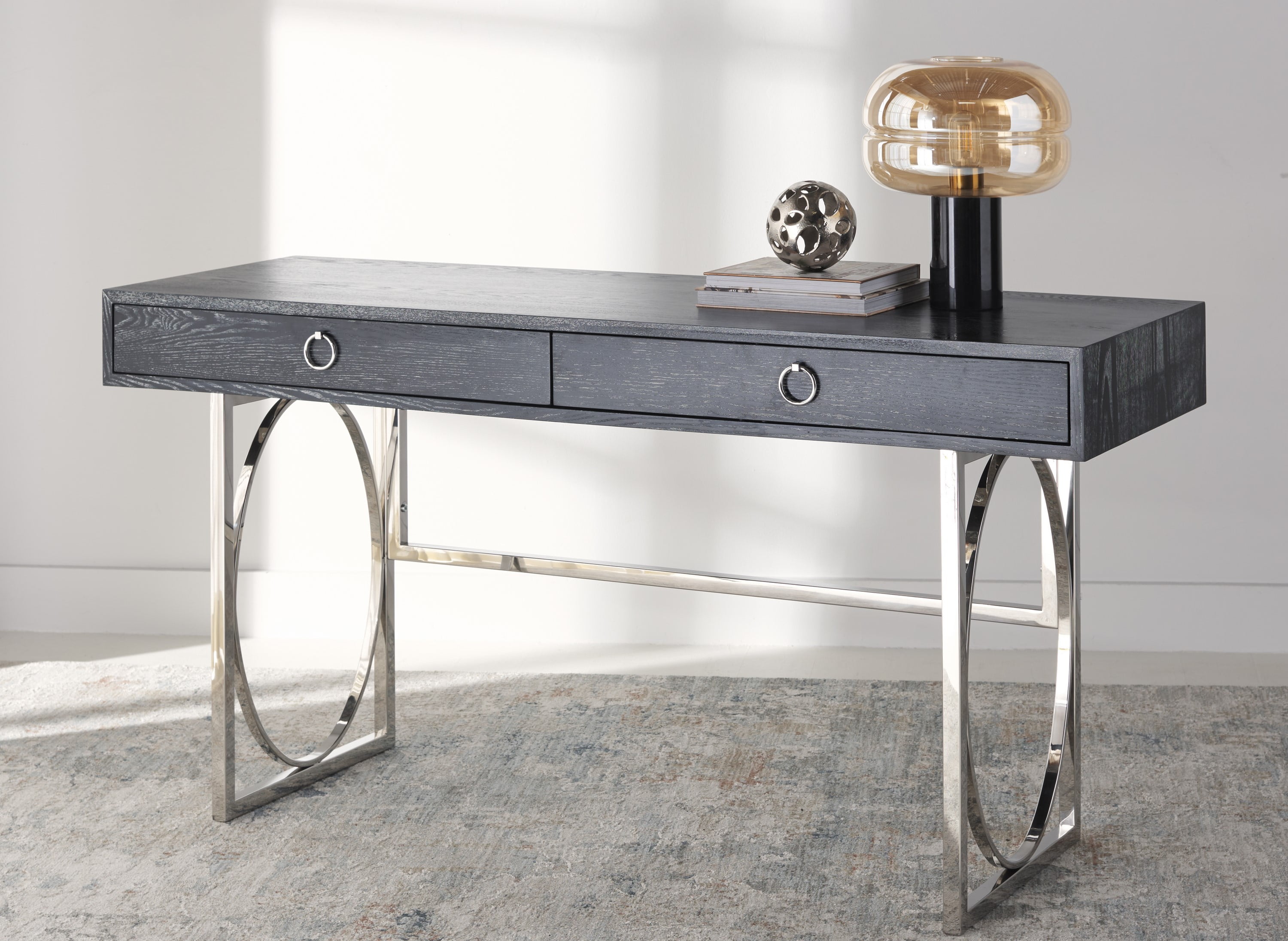 Black Wood Modern Desk with Silver Frame and Drawers