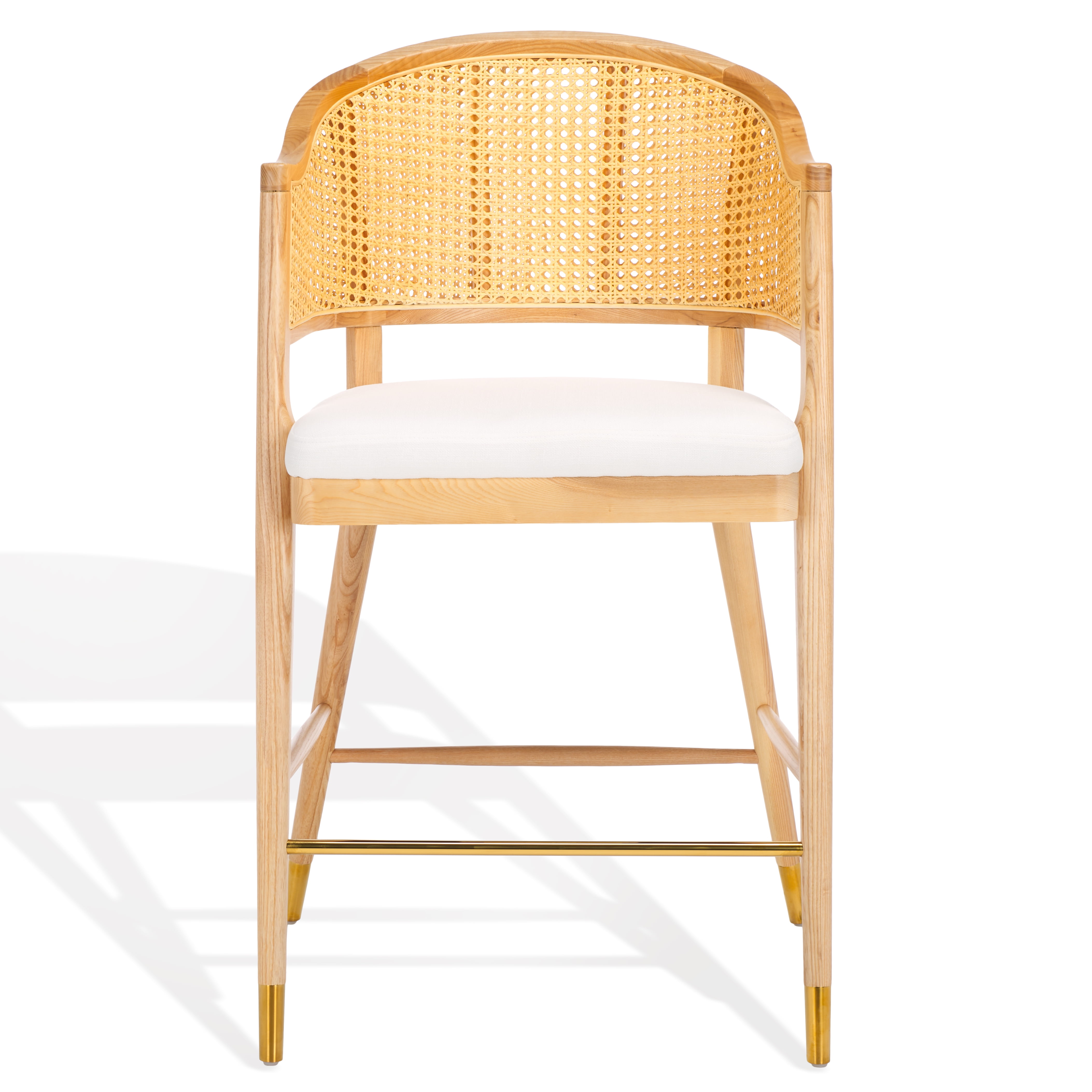 Natural Ash Wood and Rattan Barstool with Linen Seat