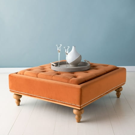 SAFAVIEH Couture Rosealina Contemporary Velvet Tufted Cocktail Ottoman, Sienna
