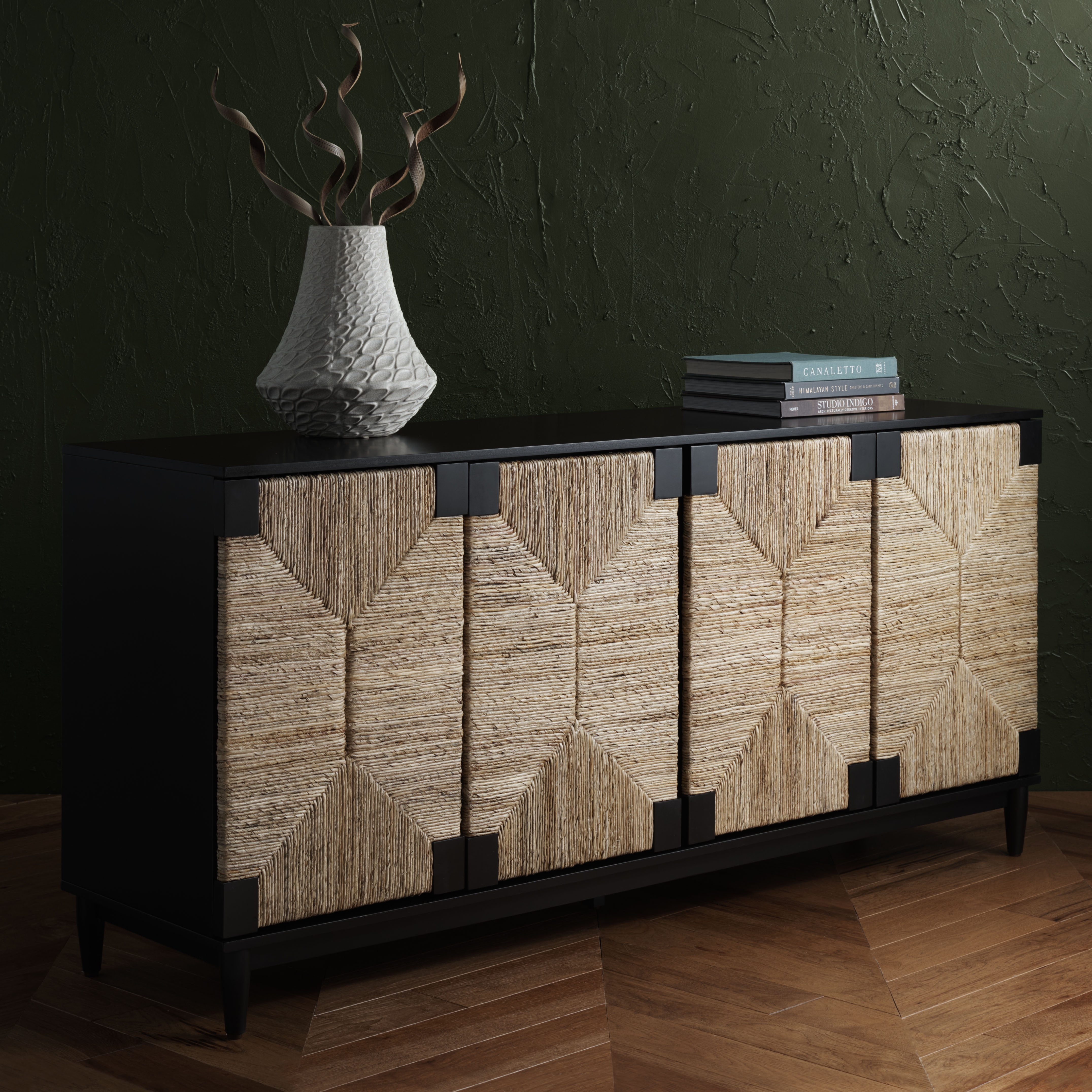 Black Mahogany and Natural Banana Stem Sideboard with Four Doors
