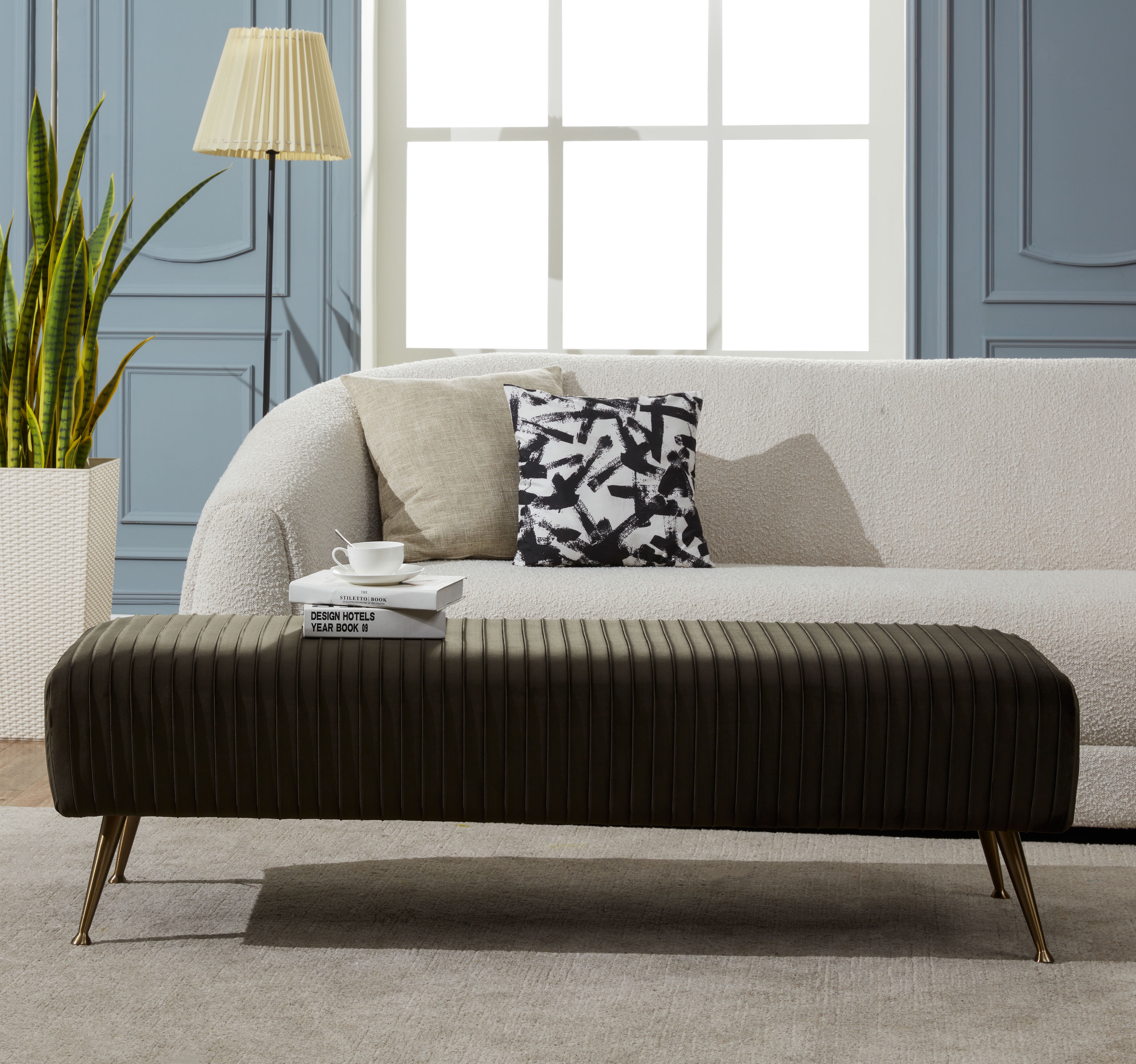 Salome 60'' Black Velvet Transitional Bench with Brass Accents