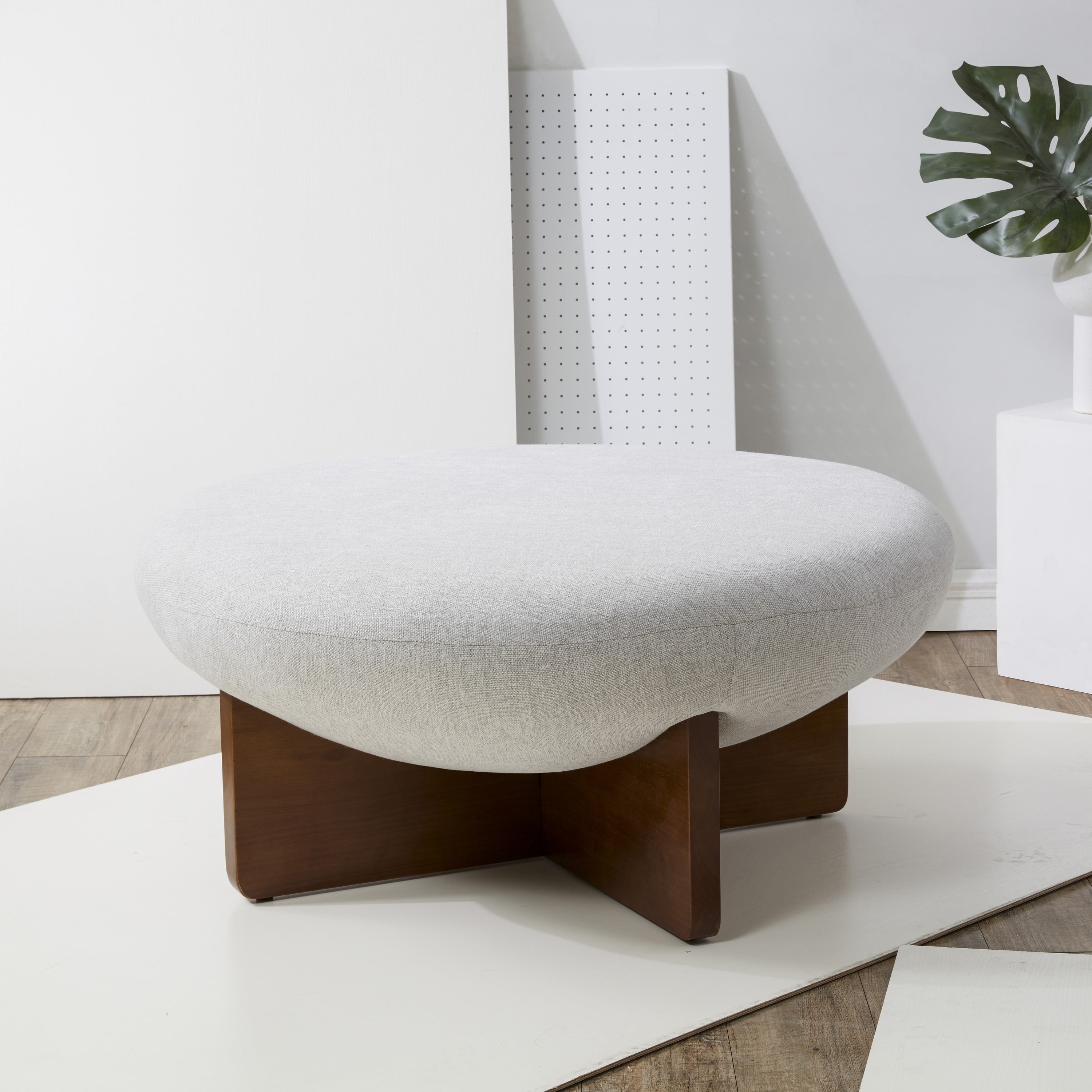 Taupe Round Linen Ottoman with Ash Wood Base