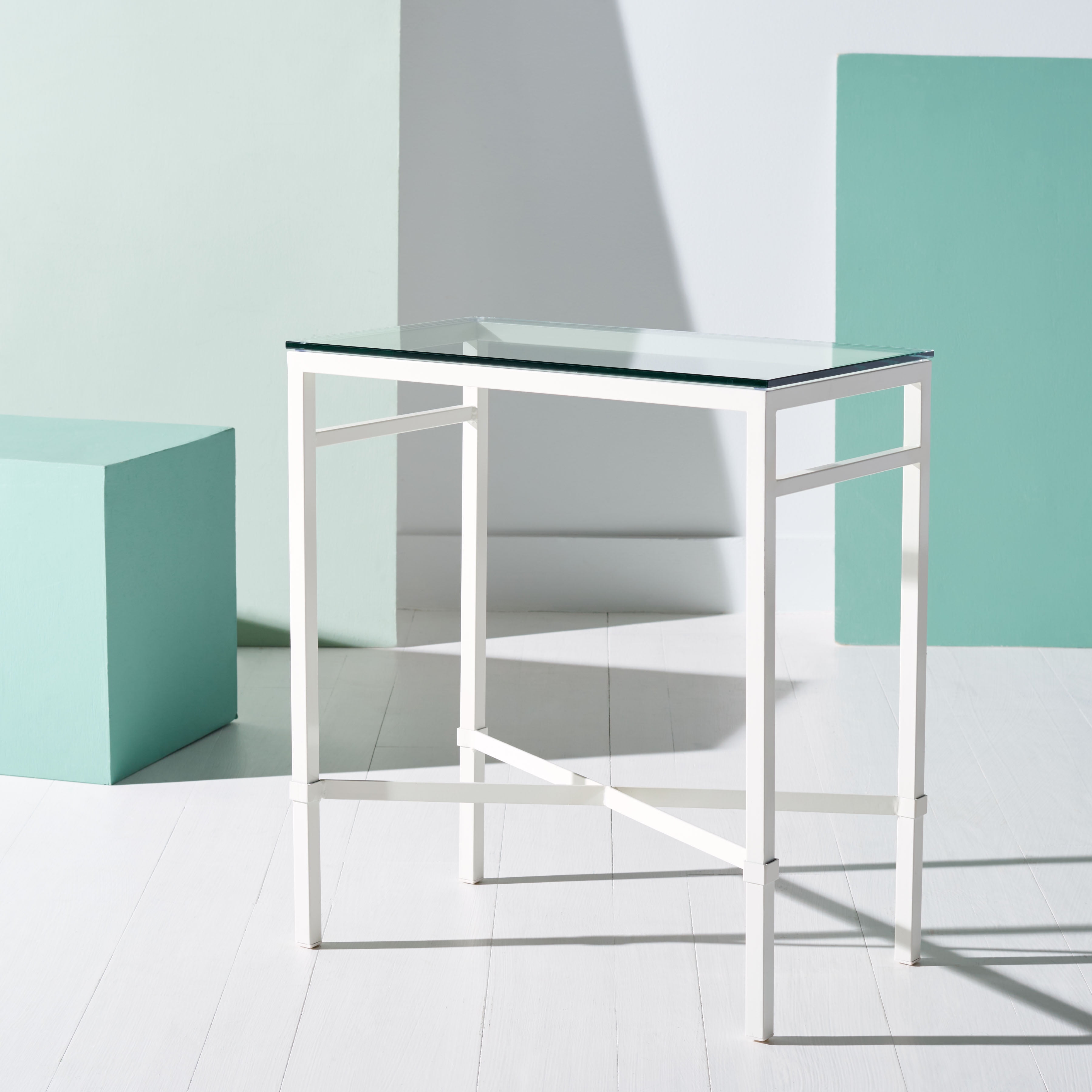 Viggo Glam White Metal and Glass Rectangular Side Table