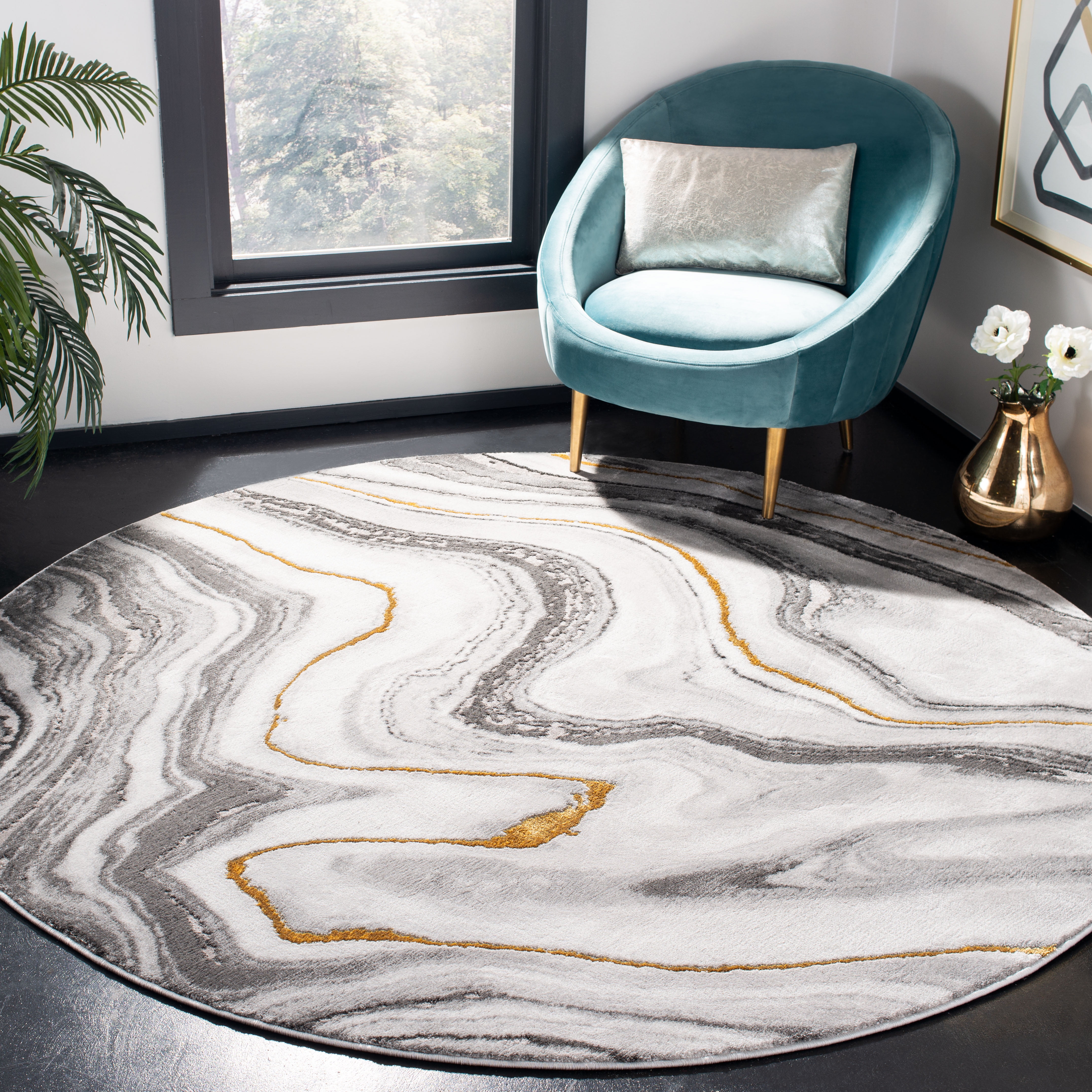 SAFAVIEH Craft Angjelko Abstract Area Rug, Grey/Gold, 5'3" x 5'3" Round