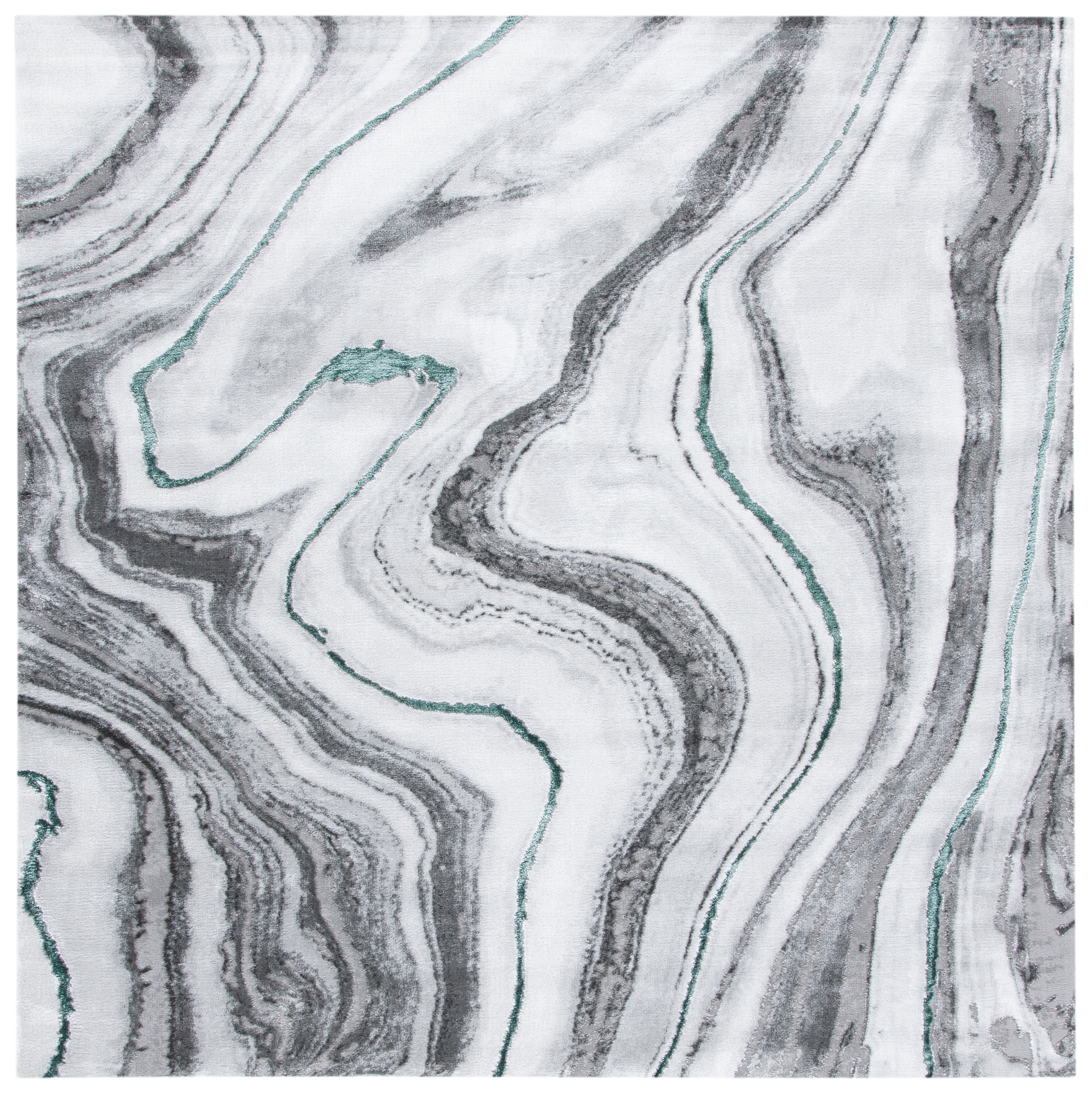Grey and Green Abstract Hand-knotted Square Area Rug