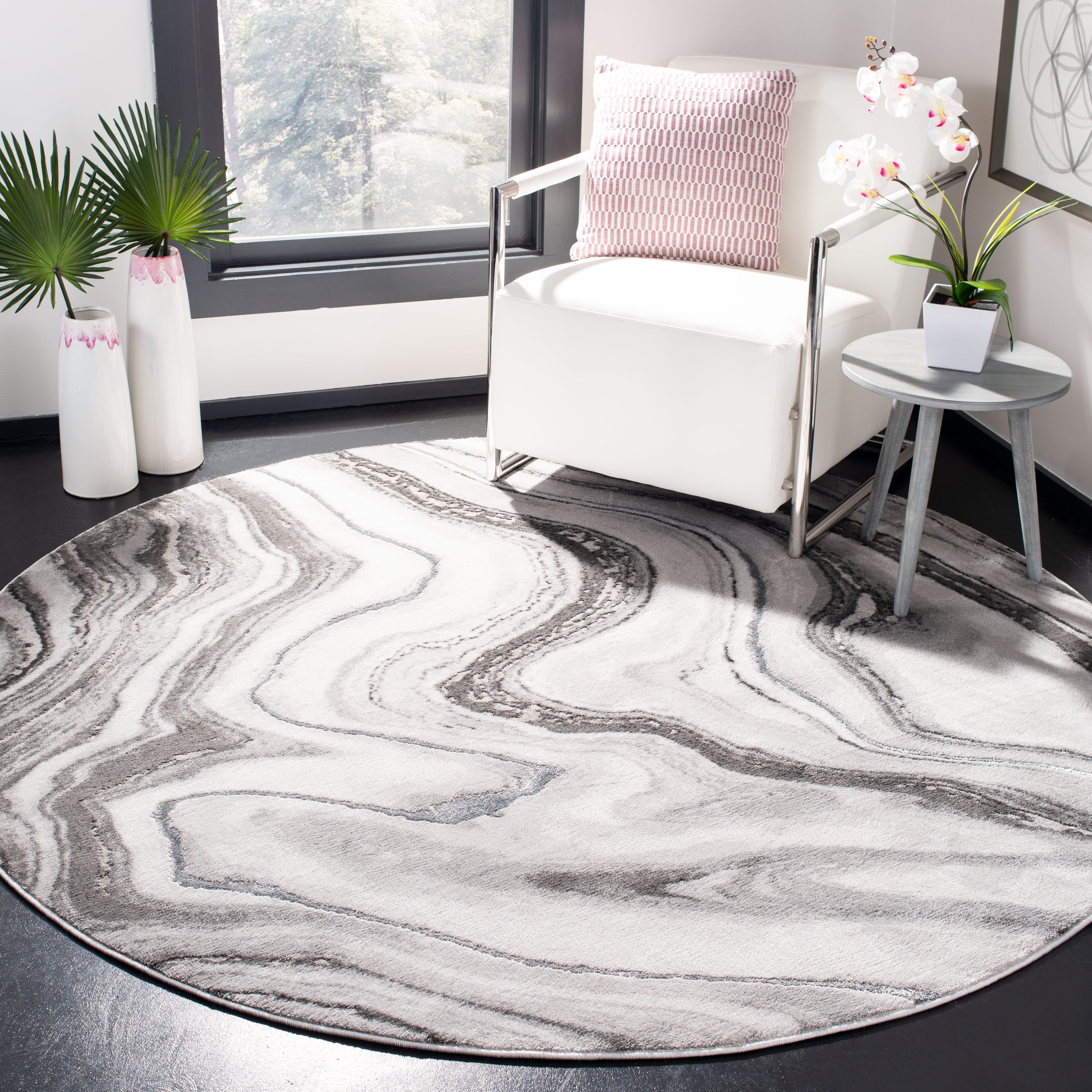 Grey and Silver Round Abstract Synthetic Area Rug