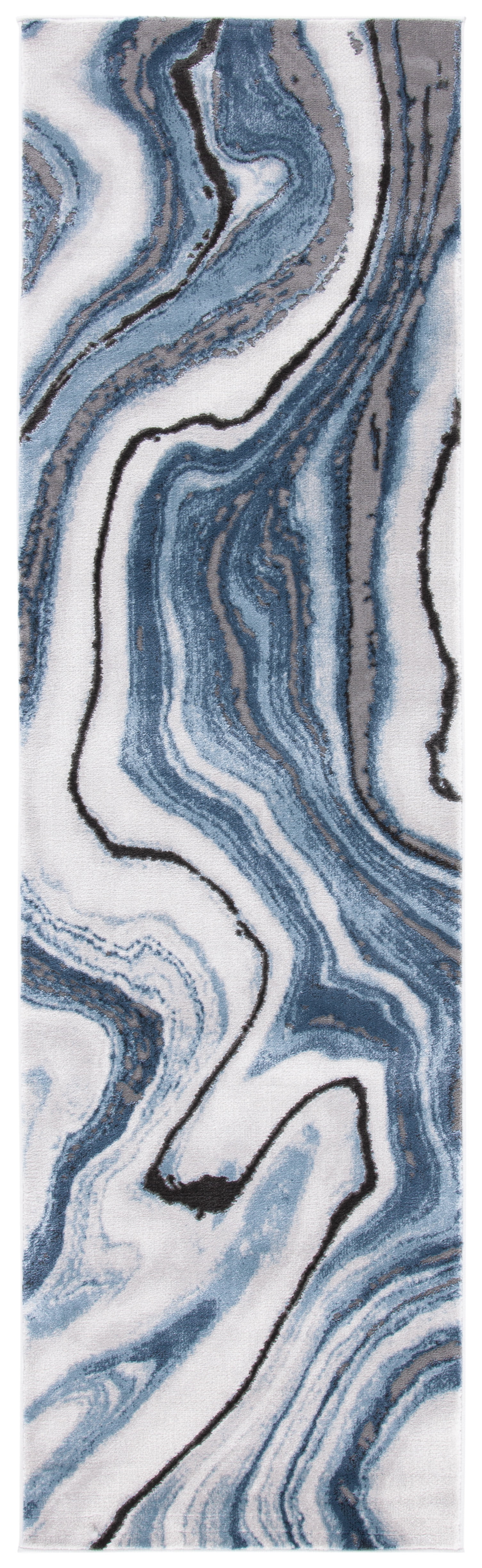 Abstract Blue-Grey Swirl Synthetic 27'' Hand-Knotted Runner Rug