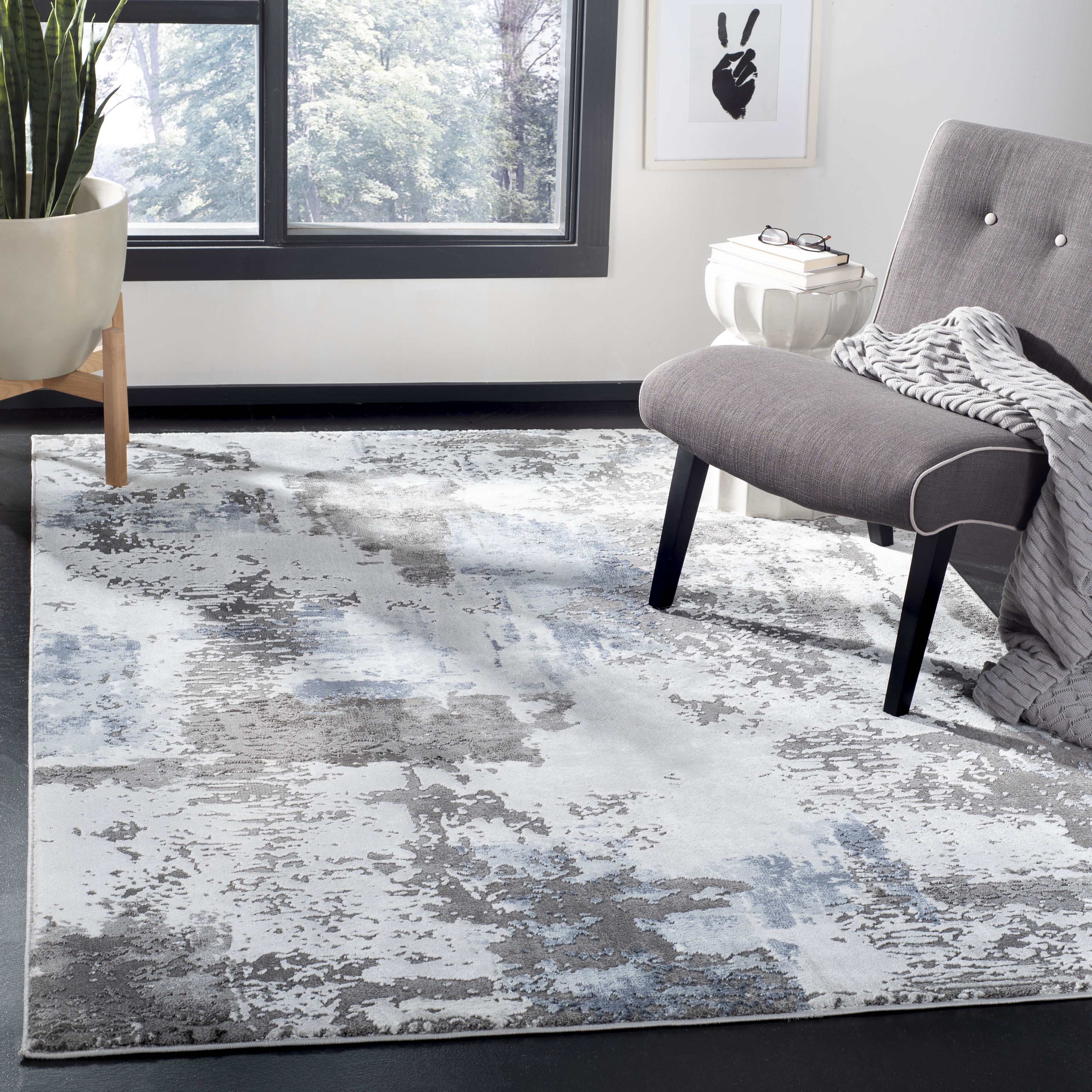 6'7" Square Grey and Blue Abstract Synthetic Area Rug