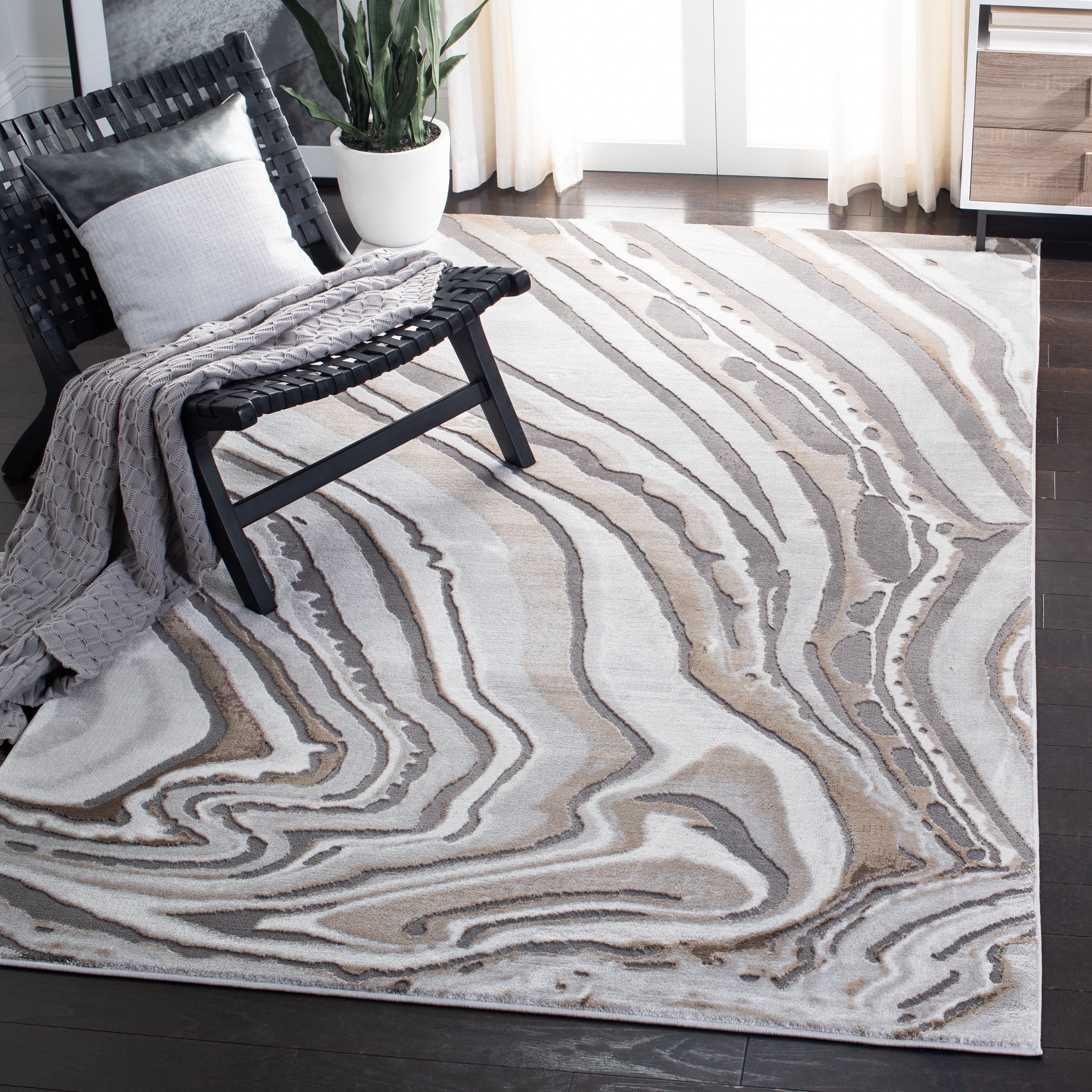 Gold and Grey Abstract Hand-knotted 8' x 10' Rug