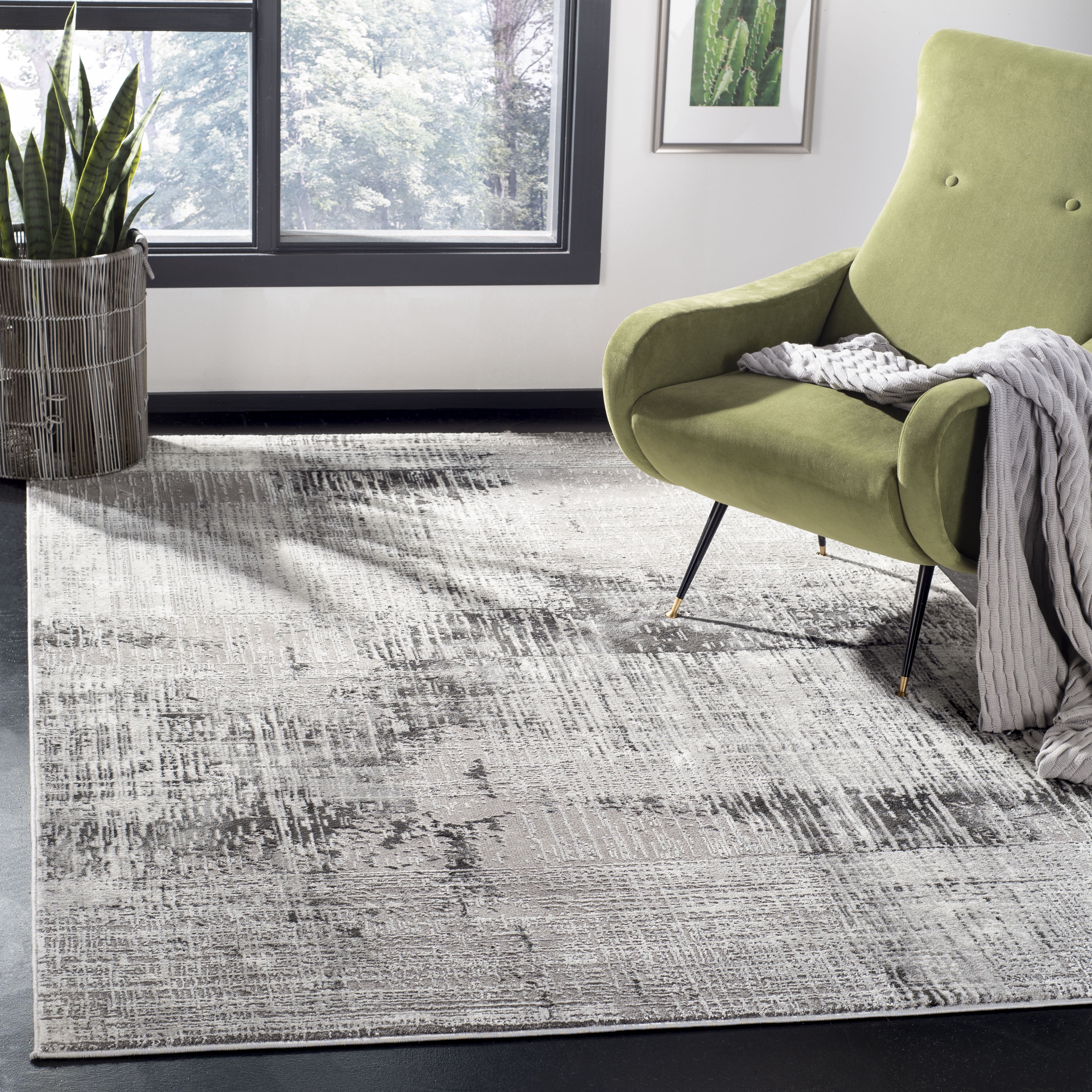 Abstract Swirls Hand-Knotted Grey and Dark Grey Synthetic Area Rug