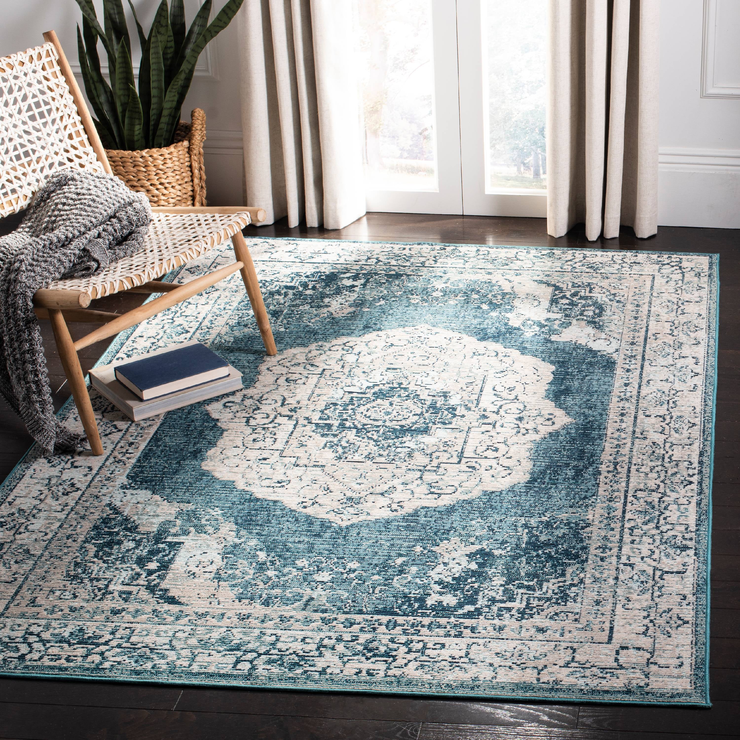 Reversible Synthetic Blue & Beige Medallion 4' x 6' Area Rug