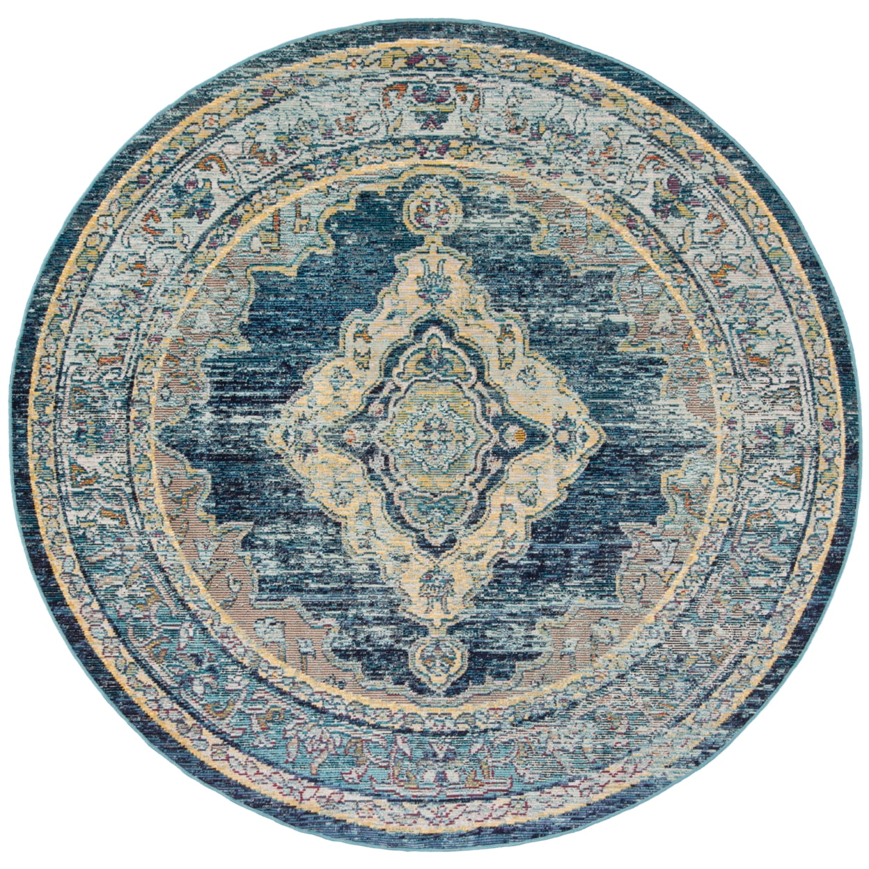 Blue Tufted Round Washable Synthetic Area Rug