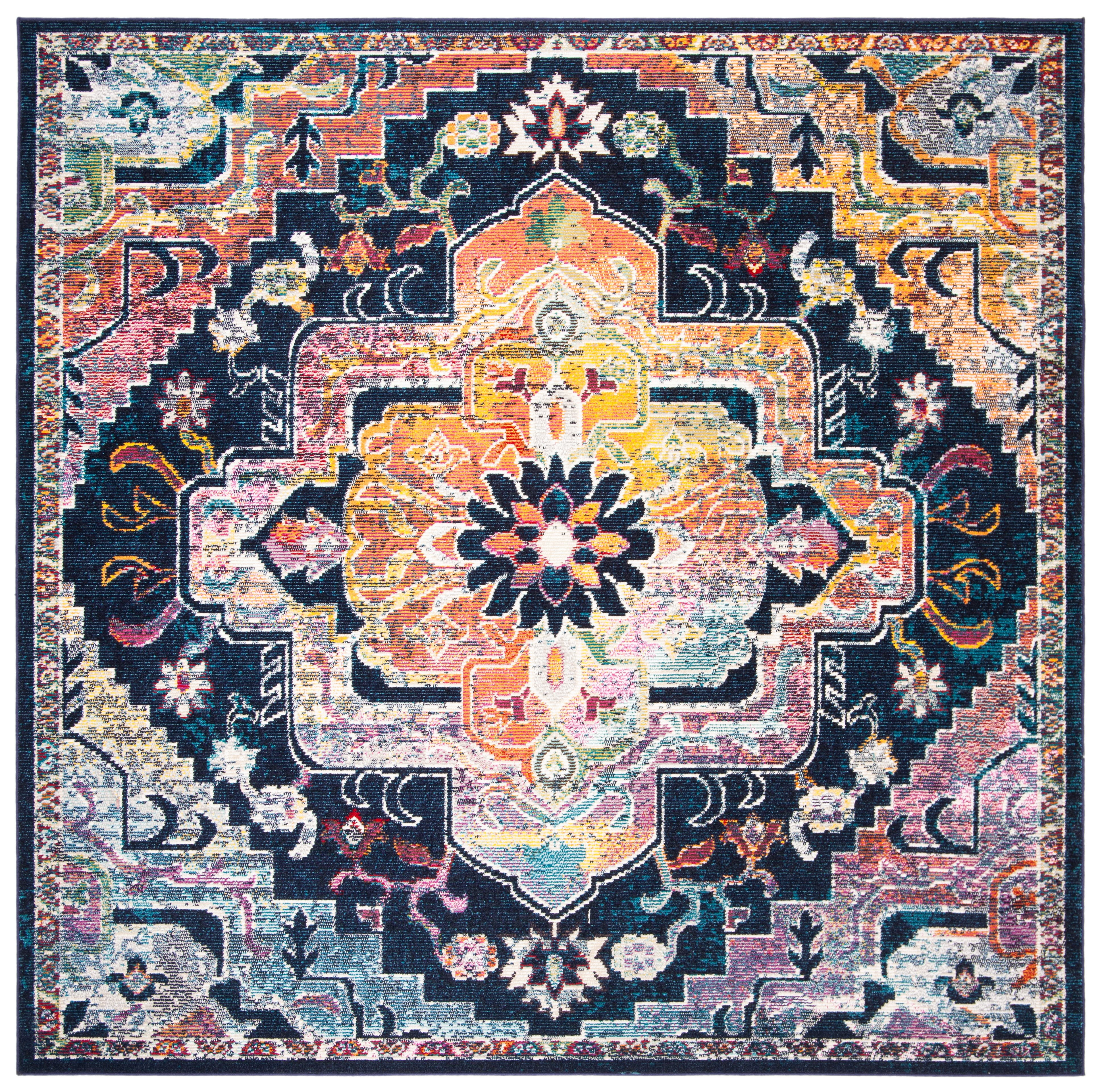 Navy and Fuchsia Floral Square Synthetic Area Rug