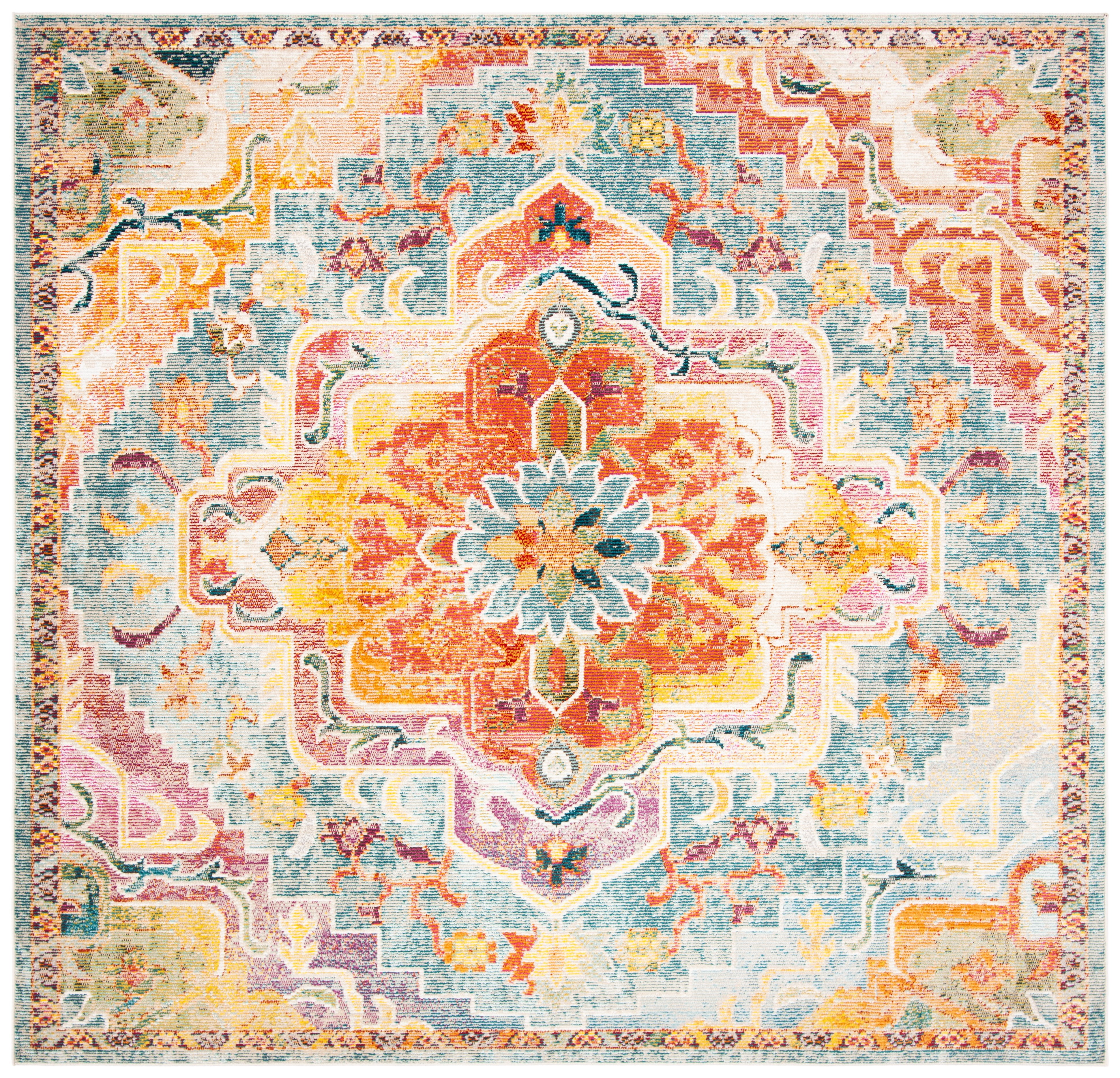 Hand-Knotted Medallion 5' Square Rug in Orange and Teal