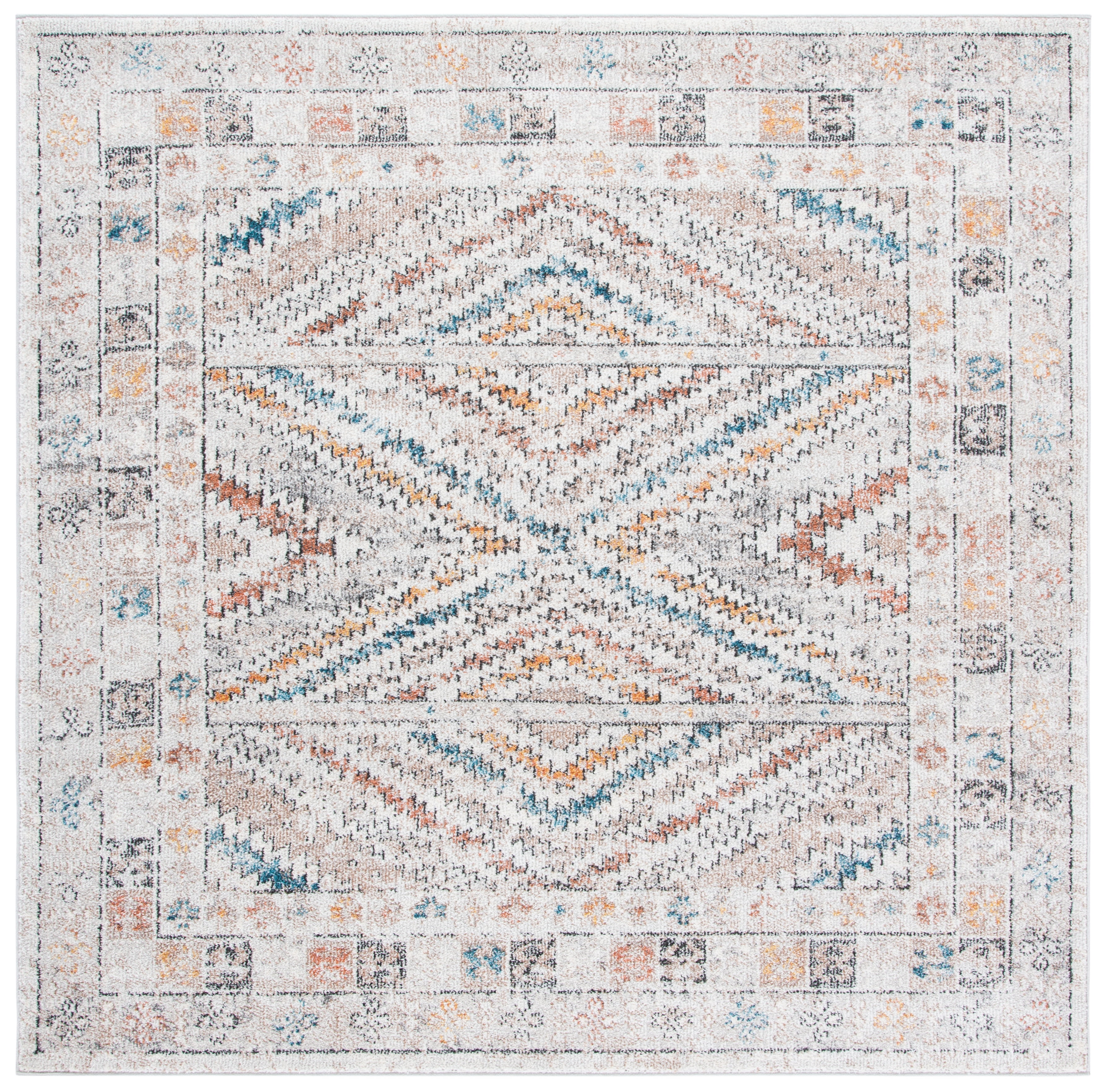 Ivory and Grey Square Oriental Synthetic Area Rug