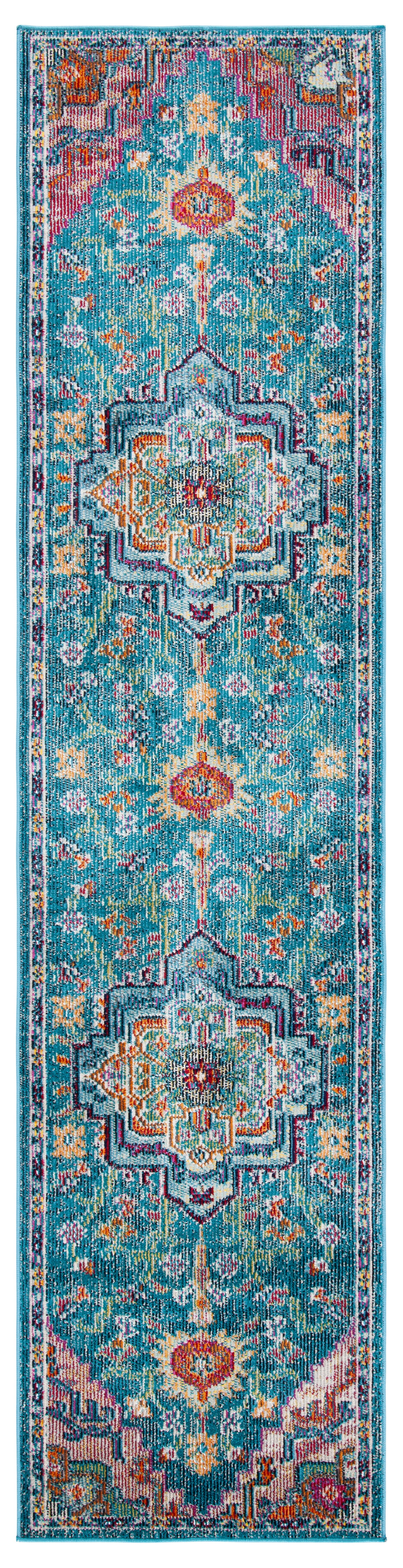 Teal and Rose Synthetic Oriental Runner Rug, 2'2" x 21'