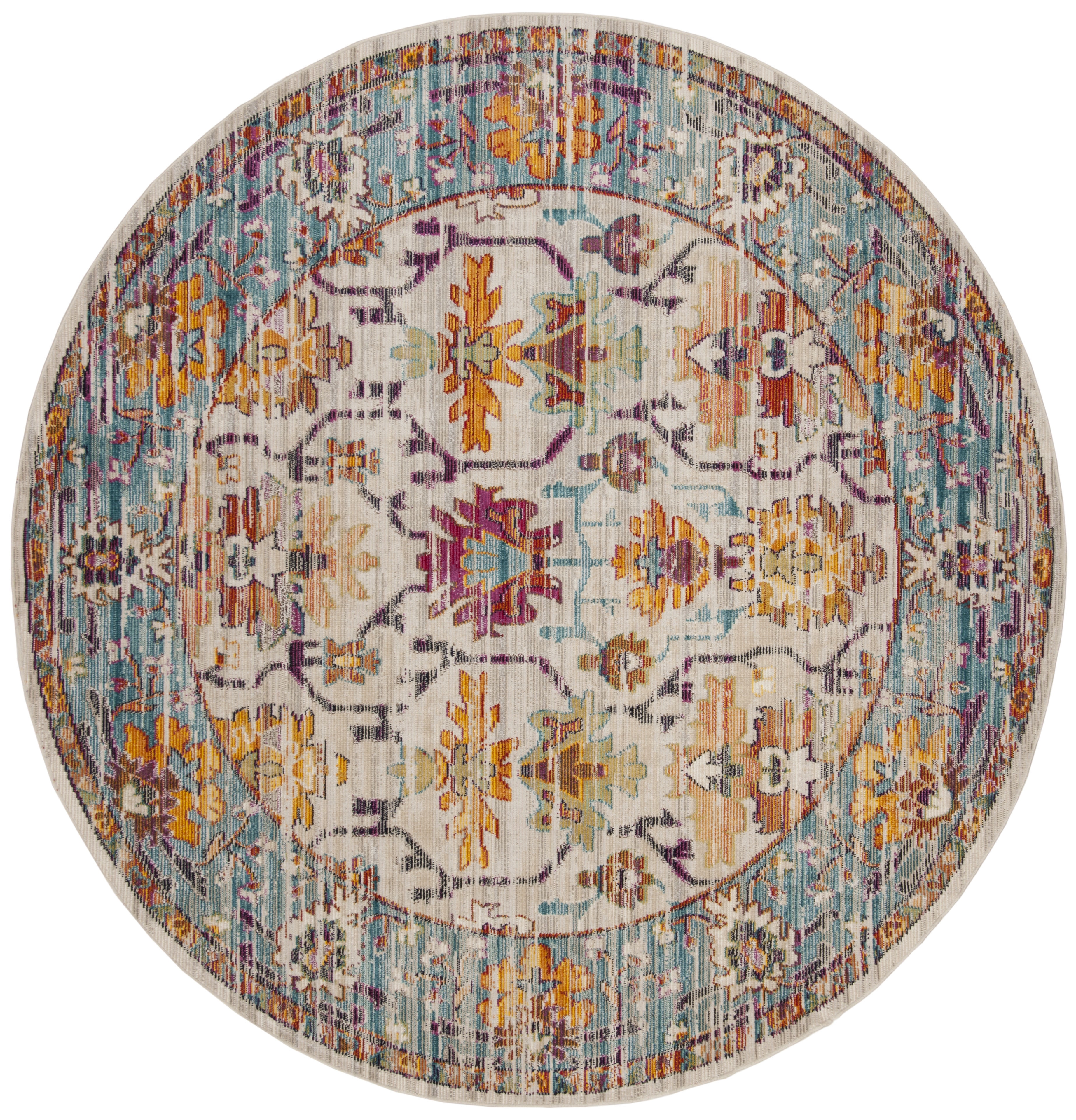 Bohemian Bliss Cream/Teal Oriental Round Rug - 7'x7'