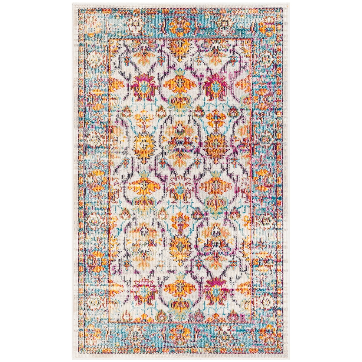 Colorful Distressed Oriental Runner Rug in Cream and Teal