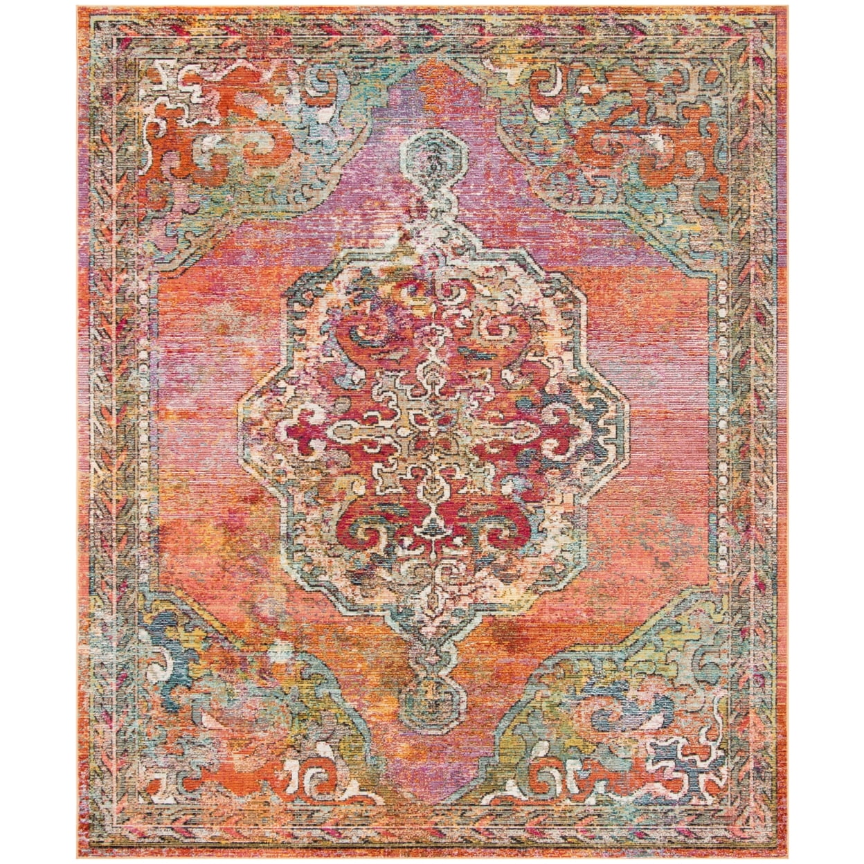 Light Blue and Orange Tufted Synthetic Runner Rug