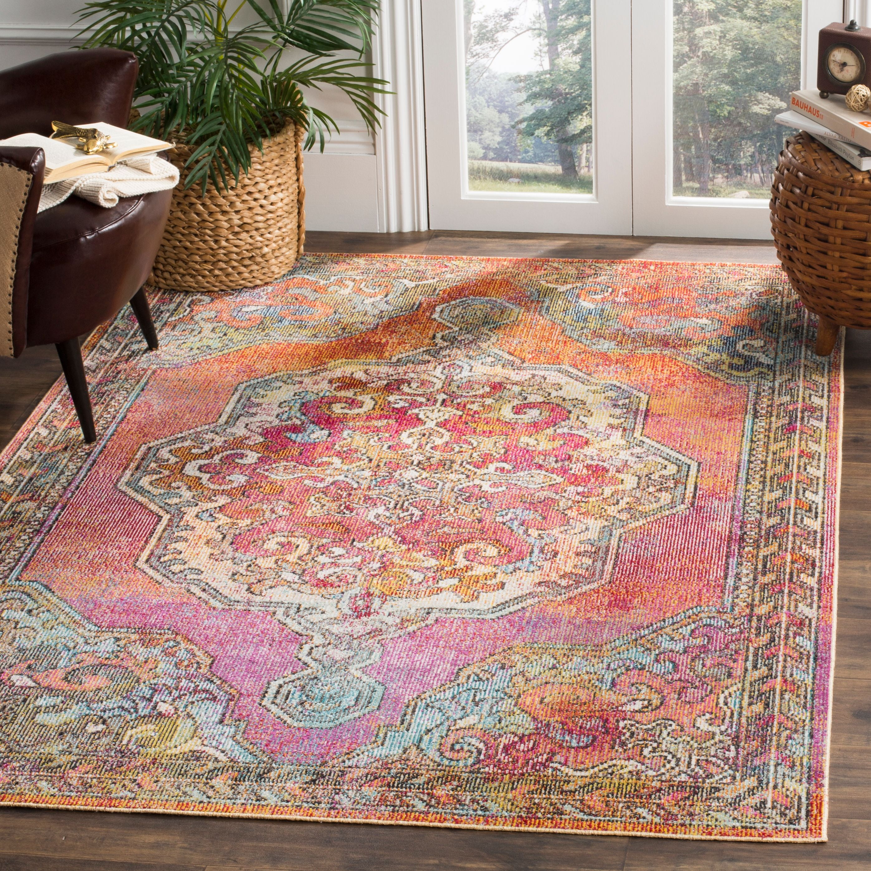 Light Blue and Orange Synthetic 4' x 6' Reversible Area Rug