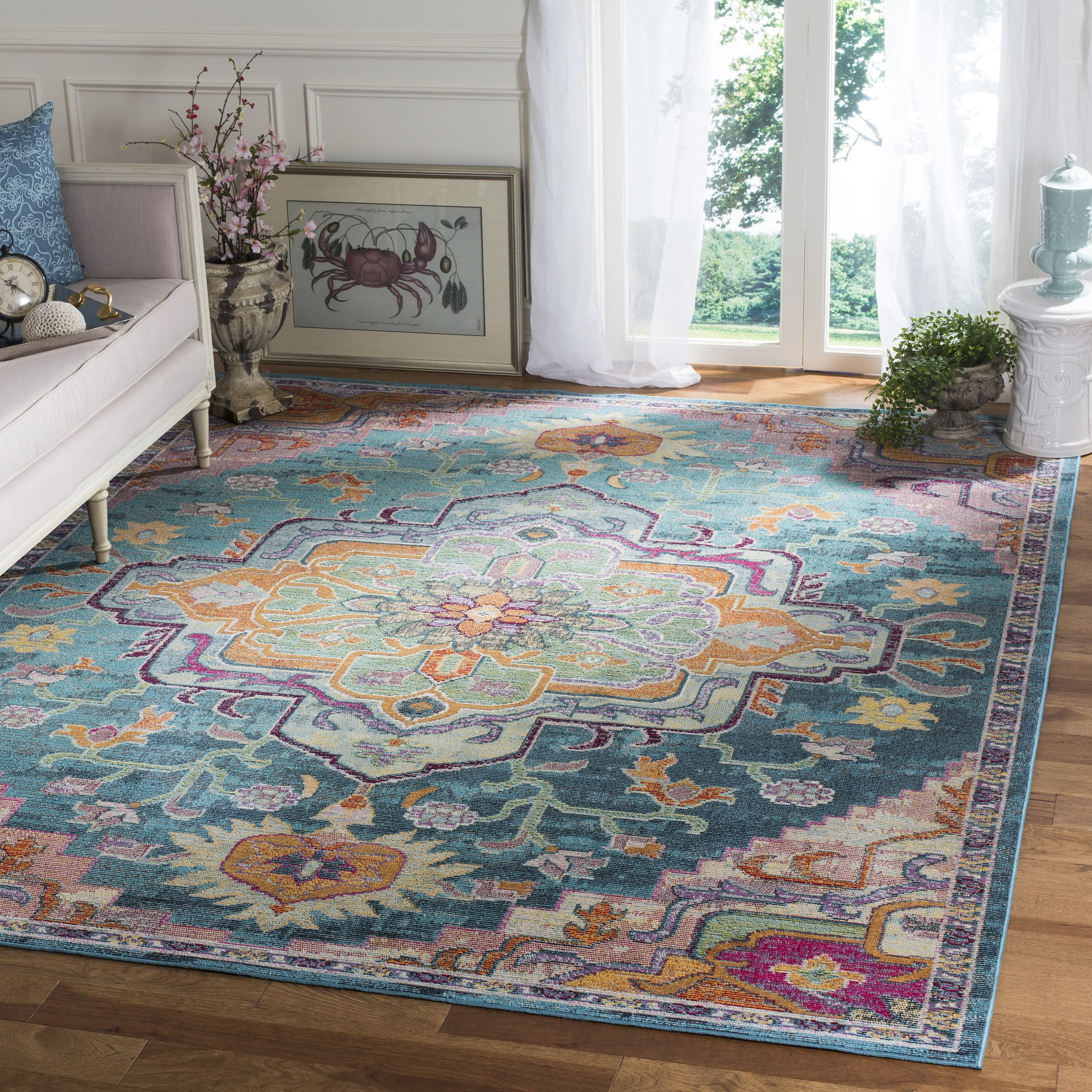 Reversible Teal & Rose Floral Synthetic Area Rug, 8' x 10'