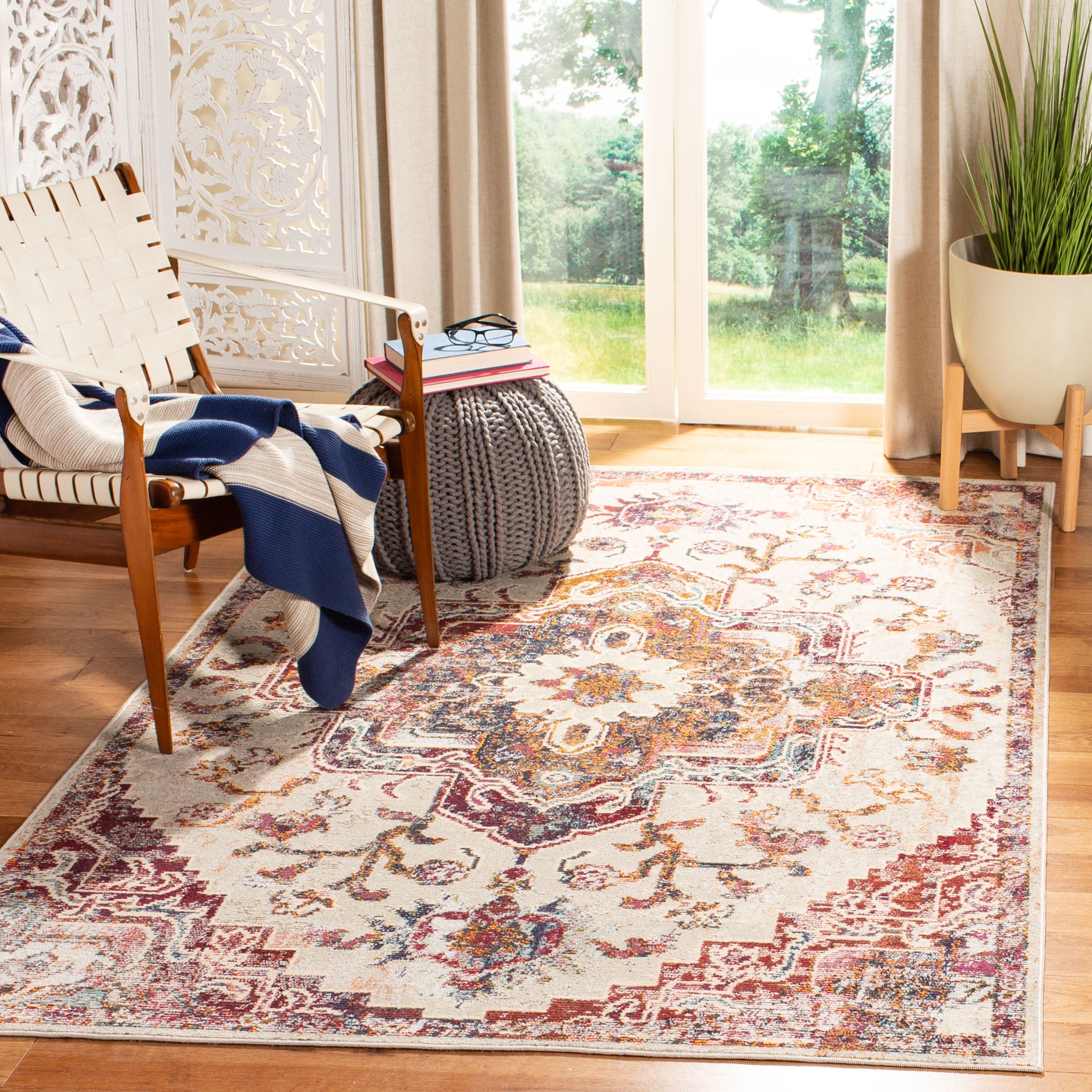 SAFAVIEH Crystal Debra Southwestern Area Rug, Light Blue/Burgundy, 5' x 5' Square