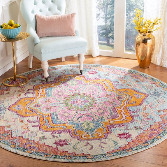 SAFAVIEH Crystal Debra Southwestern Area Rug, Light Blue/Fuchsia, 10' x 10' Round