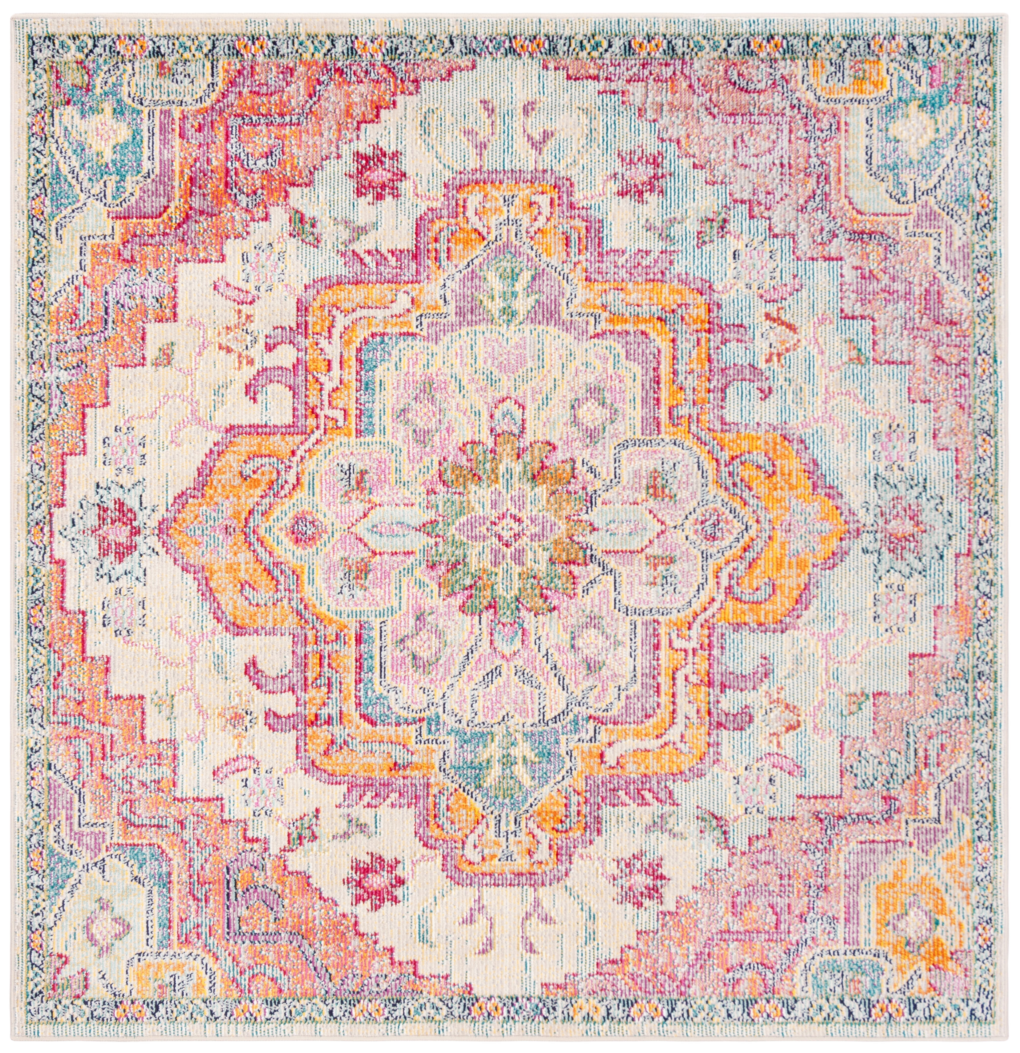 Light Blue and Fuchsia Medallion Square Synthetic Rug