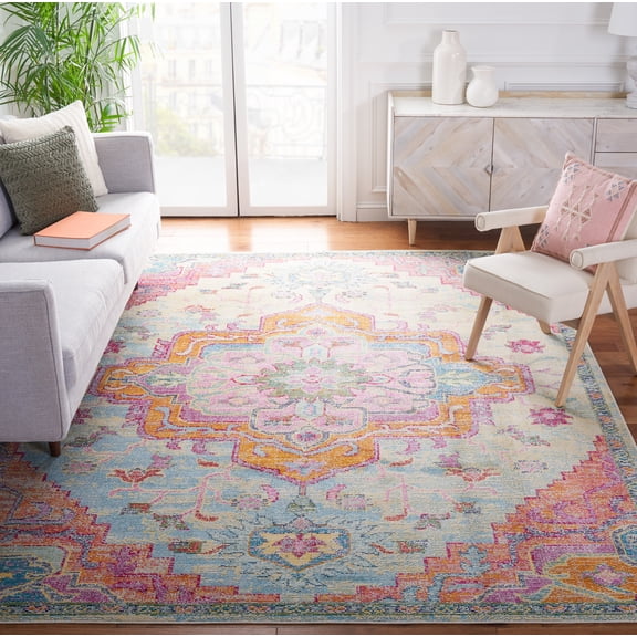 SAFAVIEH Crystal Debra Southwestern Area Rug, Light Blue/Fuchsia, 8' x 8' Square