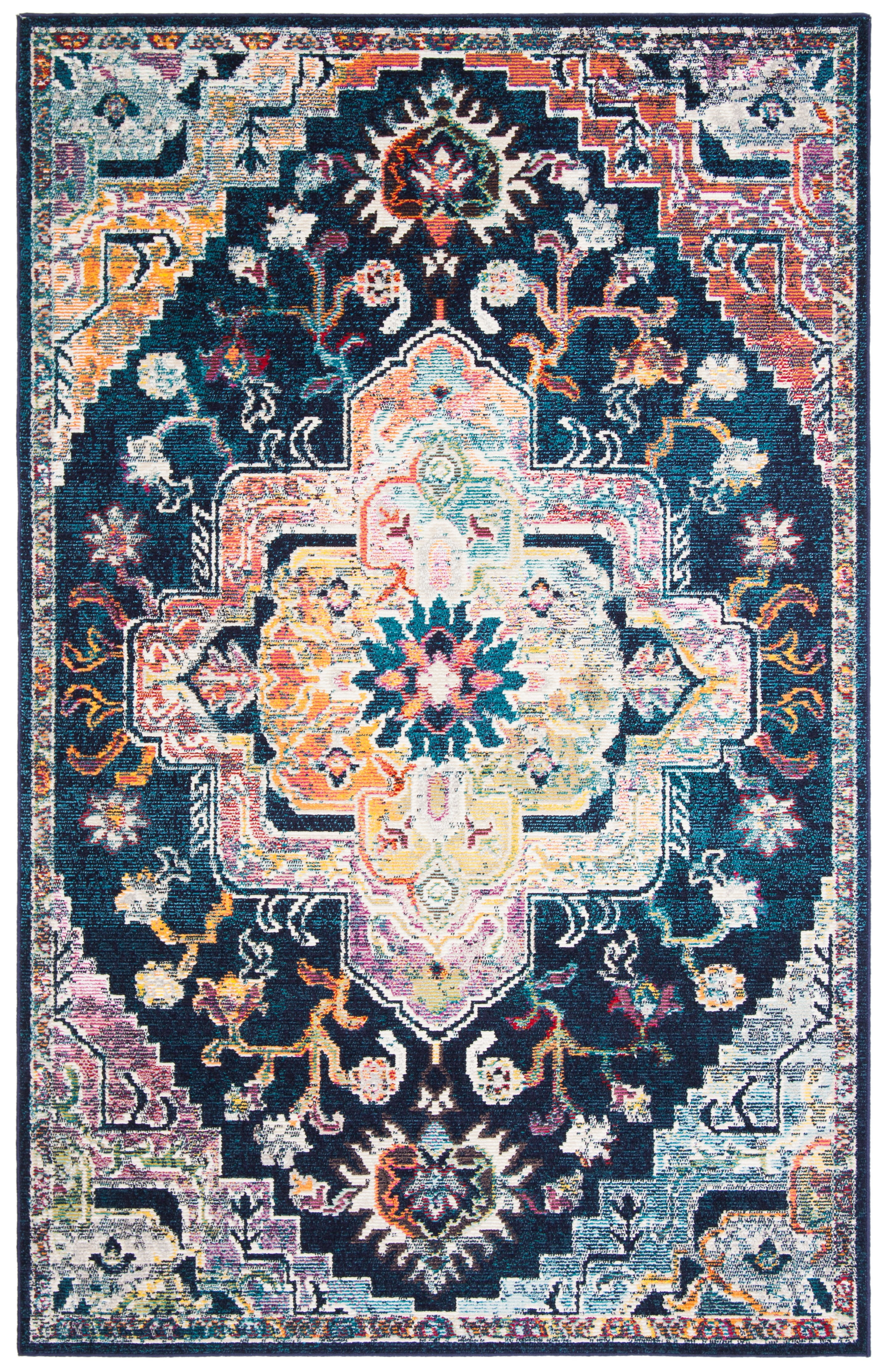 Navy and Fuchsia Floral Synthetic Area Rug