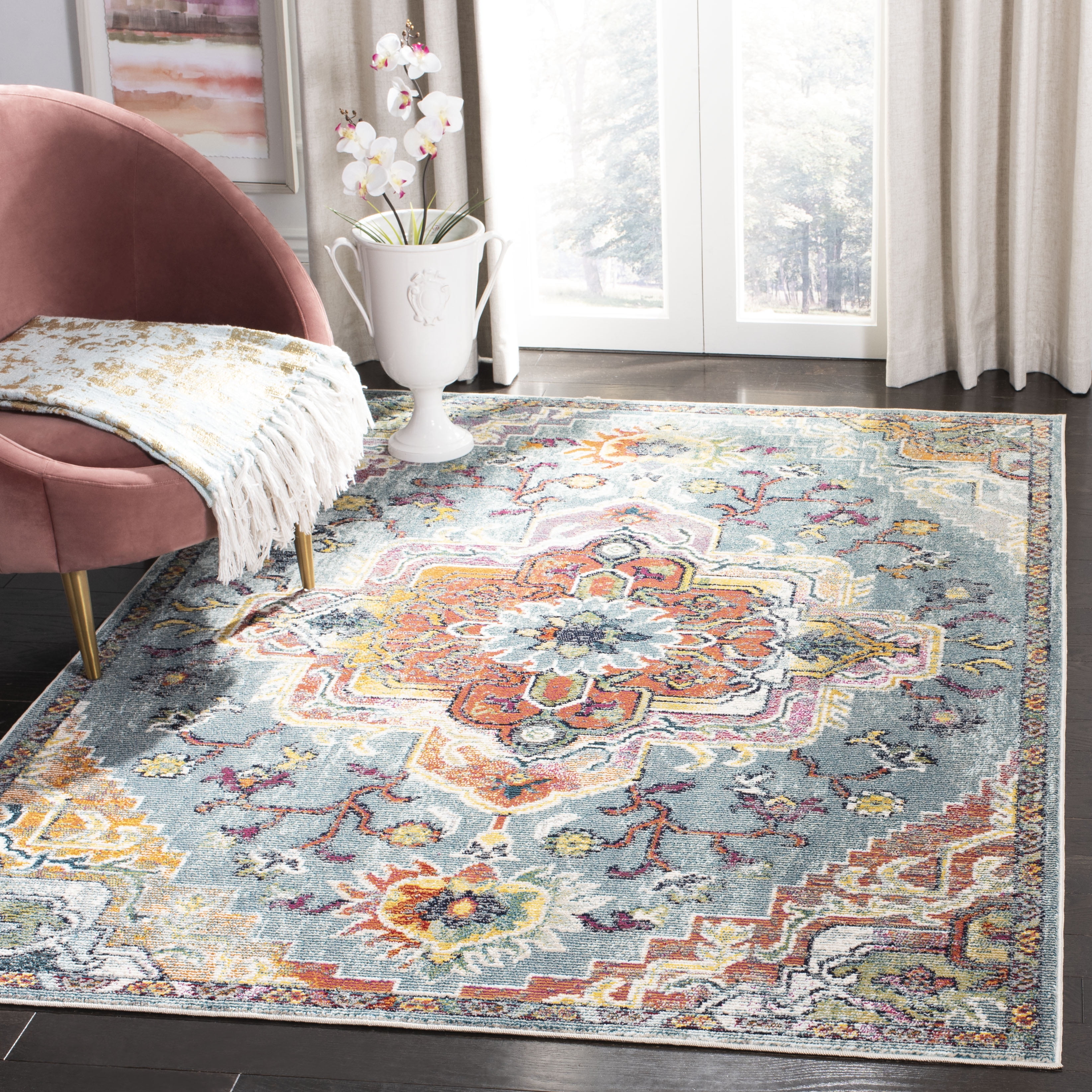 Light Blue Floral Synthetic Square Area Rug