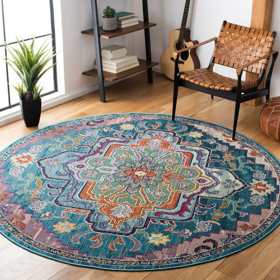 SAFAVIEH Crystal Debra Southwestern Area Rug, Teal/Rose, 12' x 12' Round