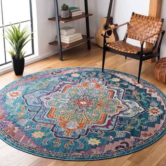 SAFAVIEH Crystal Debra Southwestern Area Rug, Teal/Rose, 9' x 9' Round