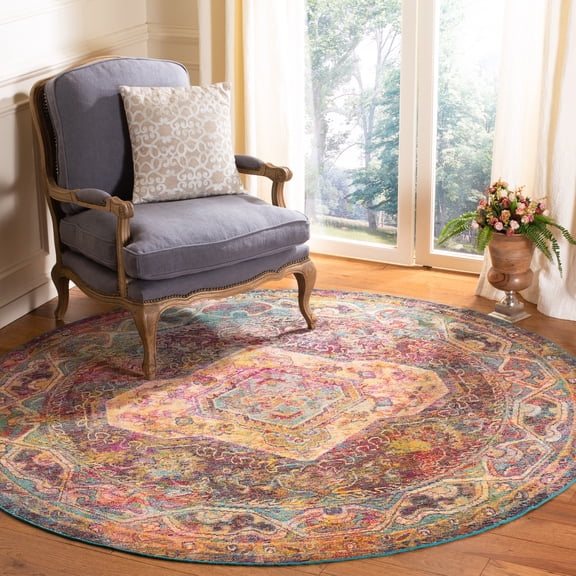 SAFAVIEH Crystal Jampa Oriental Area Rug, Teal/Rose, 7' x 7' Round